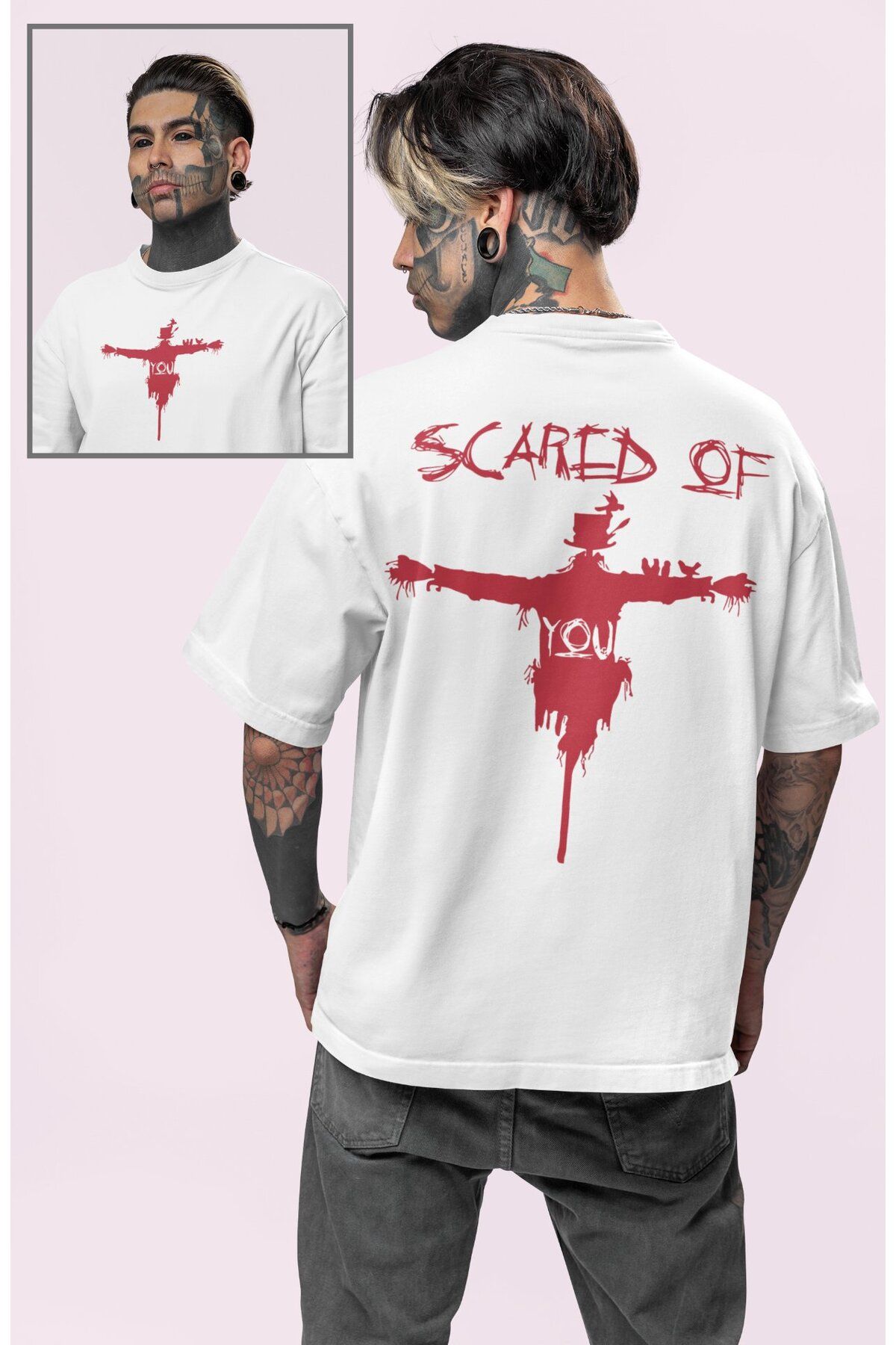 Fuddy Moda Unisex Scared Of You Sırt Yazılı Tişört, Oversize Korku Film Halloween Temalı T-shirt