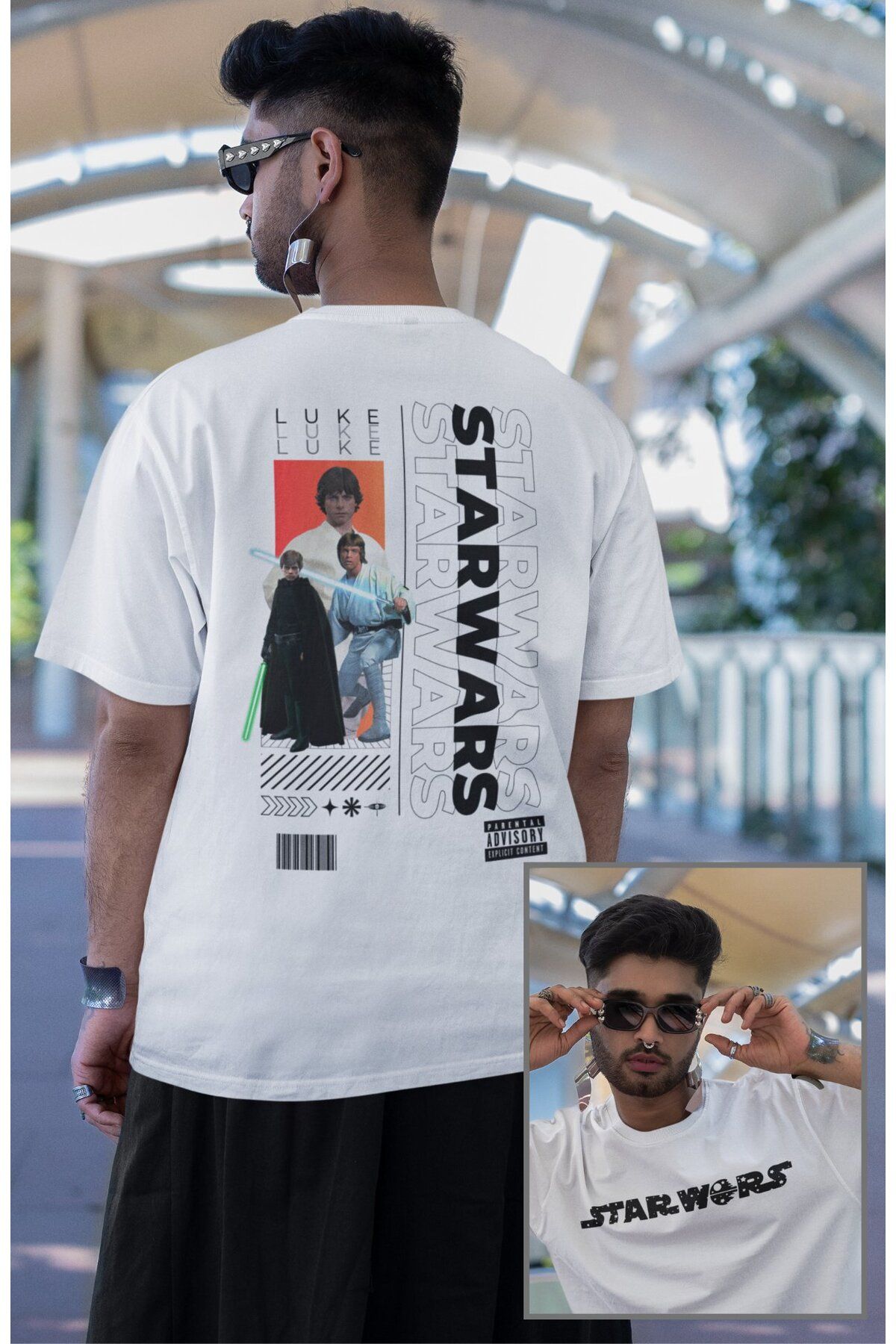 Fuddy Moda Unisex Luke Skywalker Sırt Baskılı Tişört, Oversize Star Wars Yazılı T-shirt
