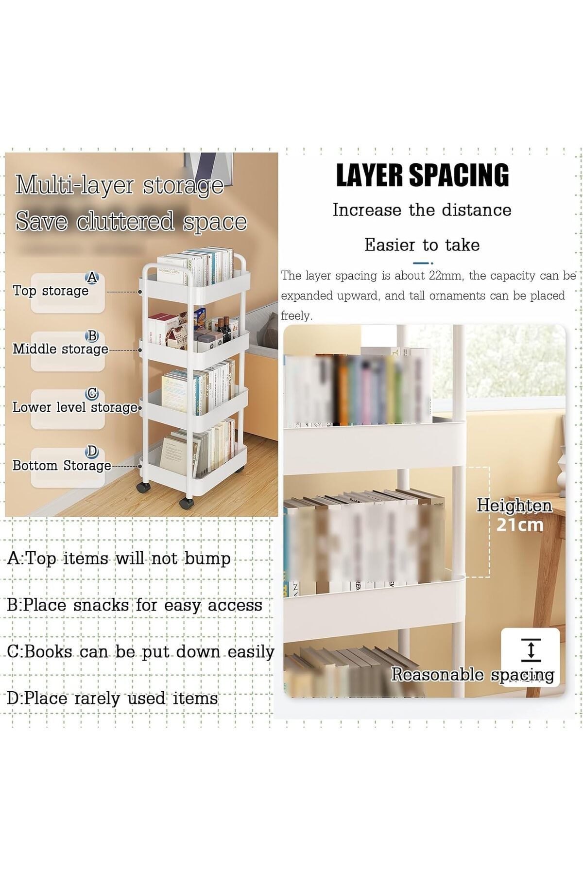 Generic-Thickened Storage Rack with Wheels, Large Capacity Shelves, Plastic Multi-Layer Shelf Unit Rolling 5