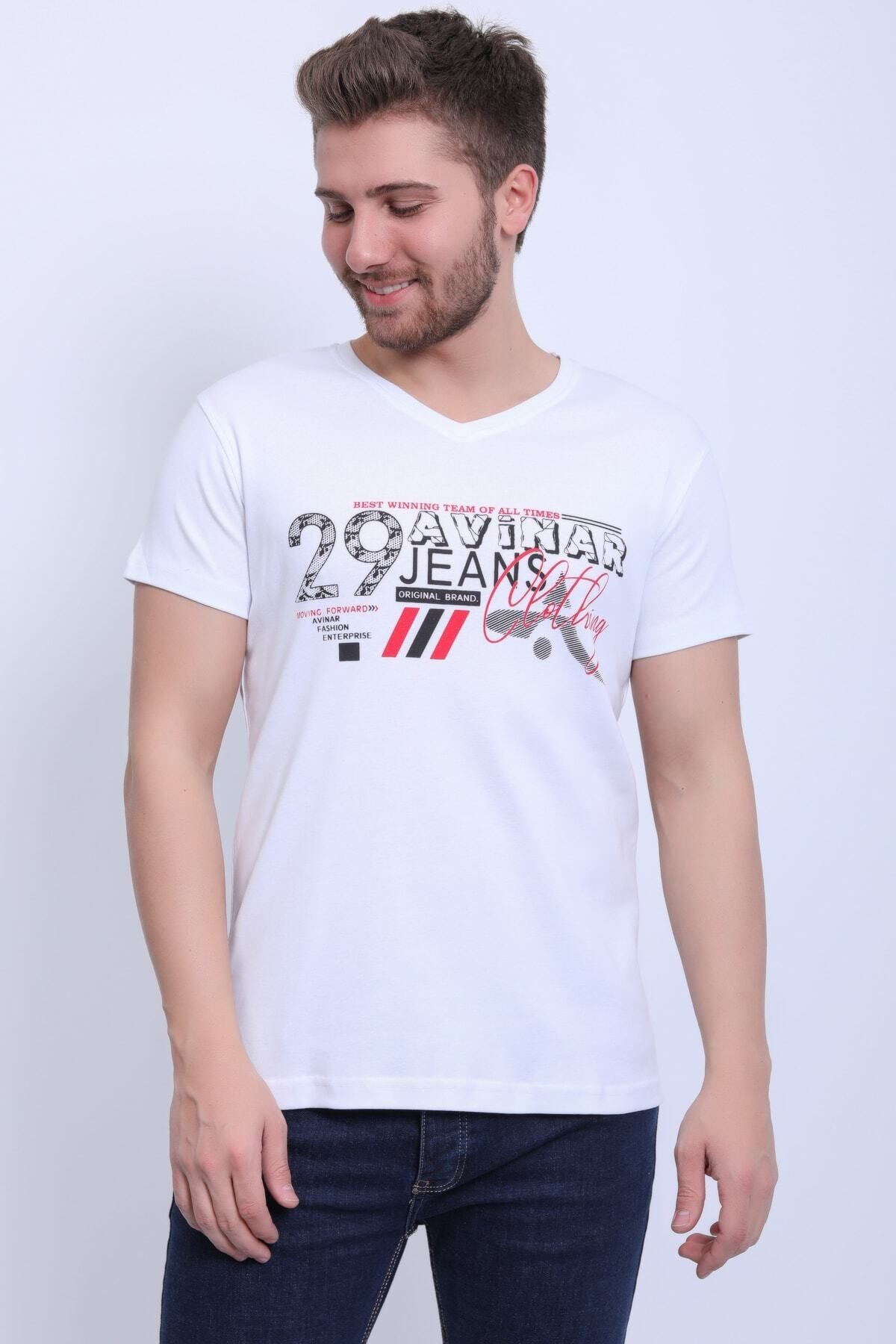 Avinar Unisex V Yaka Baskılı T-shirt