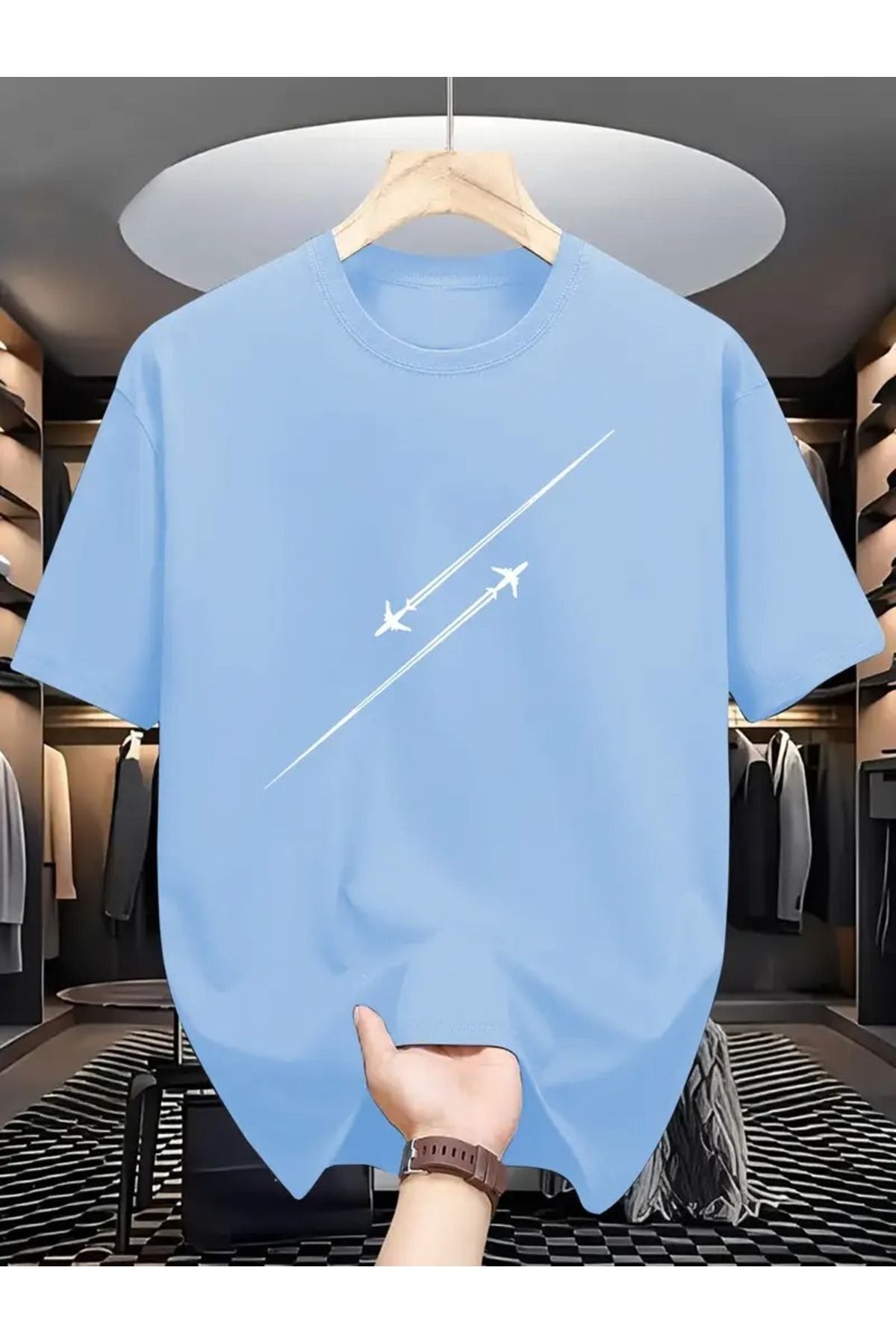 PALPİTO Unısex Bebe Mavi Çizgi Uçak Baskılı Oversize T-Shirt