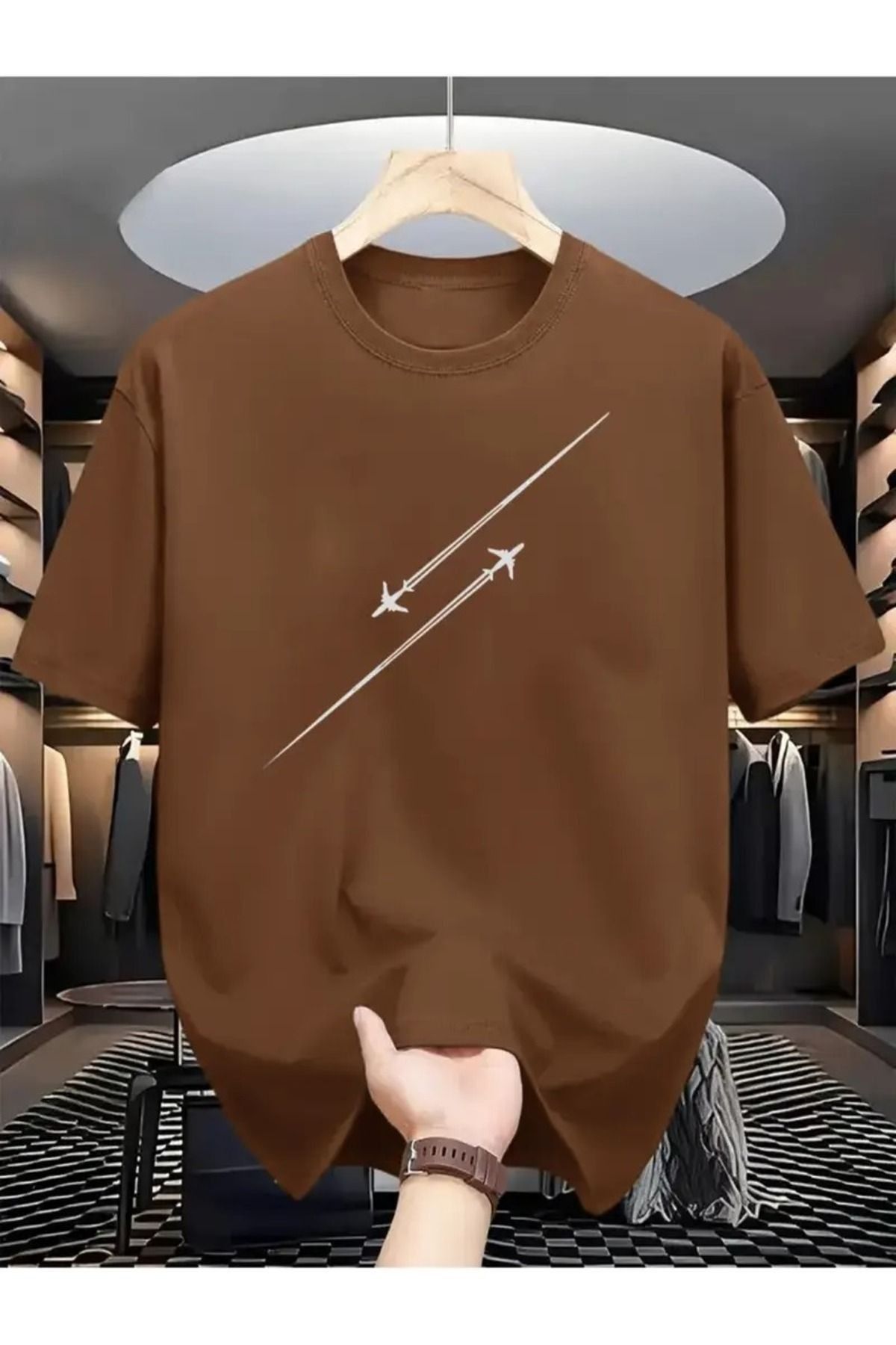 PALPİTO Unısex Kahverengi Çizgi Uçak Baskılı Oversize T-Shirt