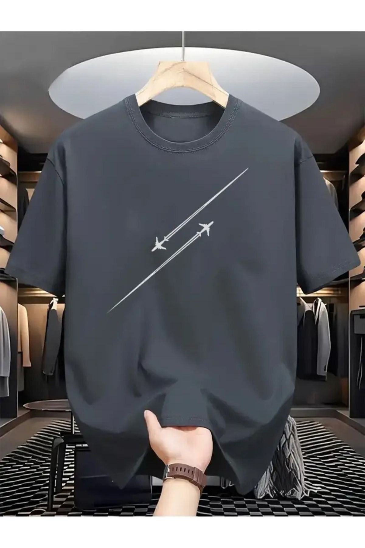 PALPİTO Unısex Füme Çizgi Uçak Baskılı Oversize T-Shirt