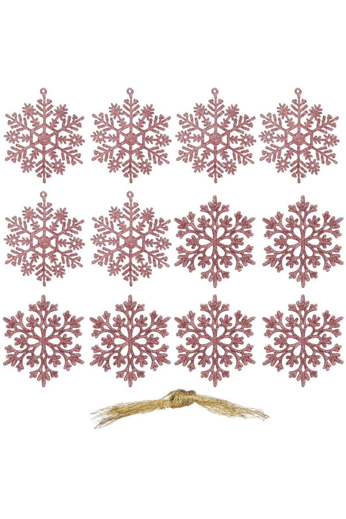 Springos-Set of 12 Snowflake Christmas Tree Decorations, 10 Cm, With String, Pink 1