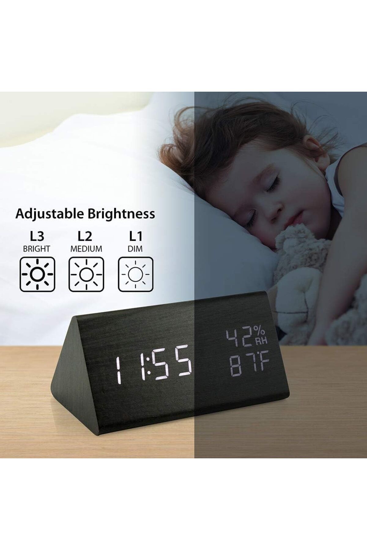 Generic-ساعة منبه رقمية من Erweicet، شاشة LED خشبية، مستشعر درجة الحرارة والرطوبة، ساعة سوداء (Bedsid) 7