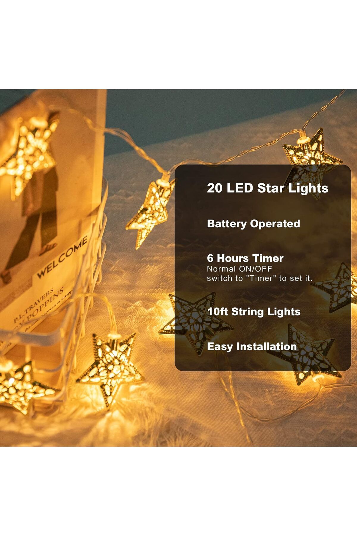 Generic-Vigdur 10Ft Star String Lights - 20 LEDs Star Fairy Lights Battery Operated with Timer Indoor Chris 2