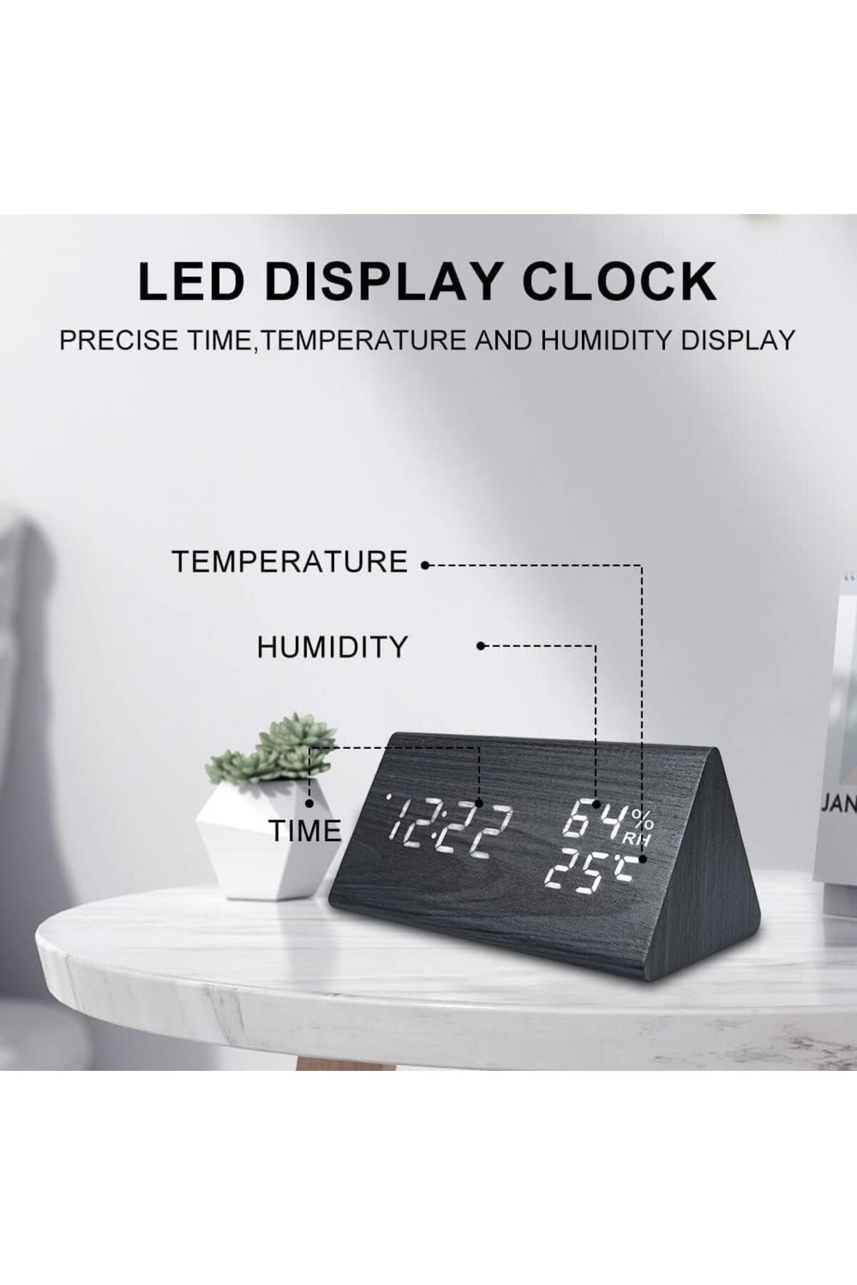 Generic-ساعة منبه رقمية من Erweicet، شاشة LED خشبية، مستشعر درجة الحرارة والرطوبة، ساعة سوداء (Bedsid) 4