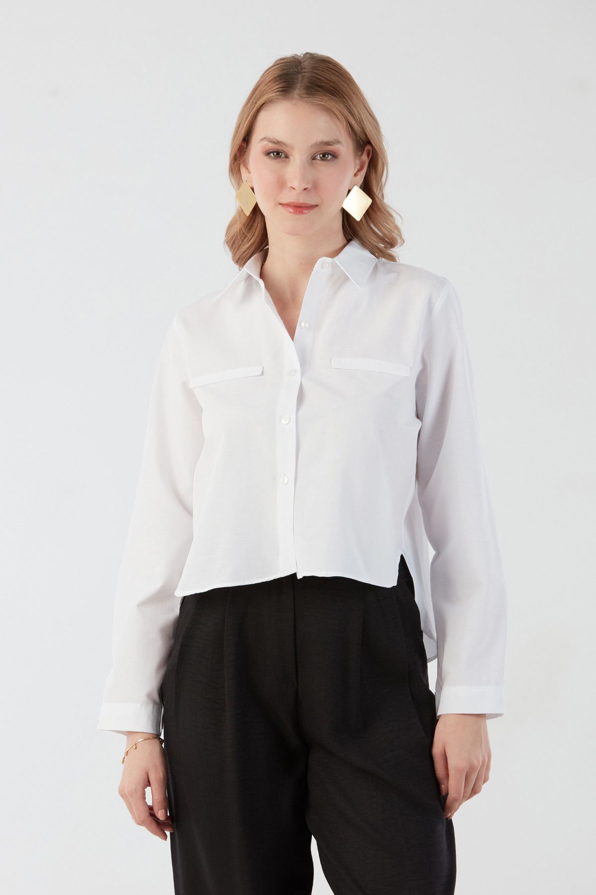 Fulla Moda Basic Cep Detaylı Arkası Uzun Gömlek