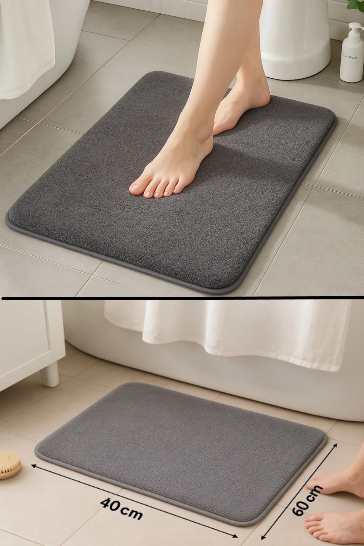 Banyo Paspası - Mutfak Paspası - Gri 40cm x60cm Mikrofiber Tüylü Su Emici Paspas