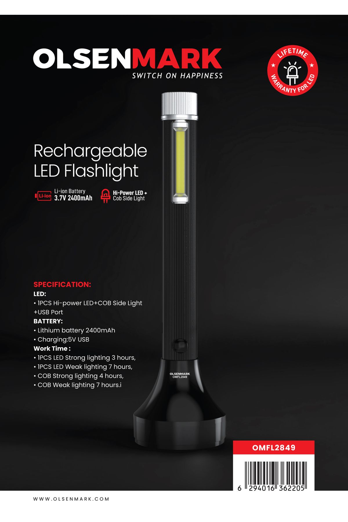 Olsenmark-مصباح يدوي LED قابل لإعادة الشحن - شحن USB، 2400 مللي أمبير/ساعة، إضاءة جانبية من نوع Cob، استخدام لمدة 7 ساعات 1