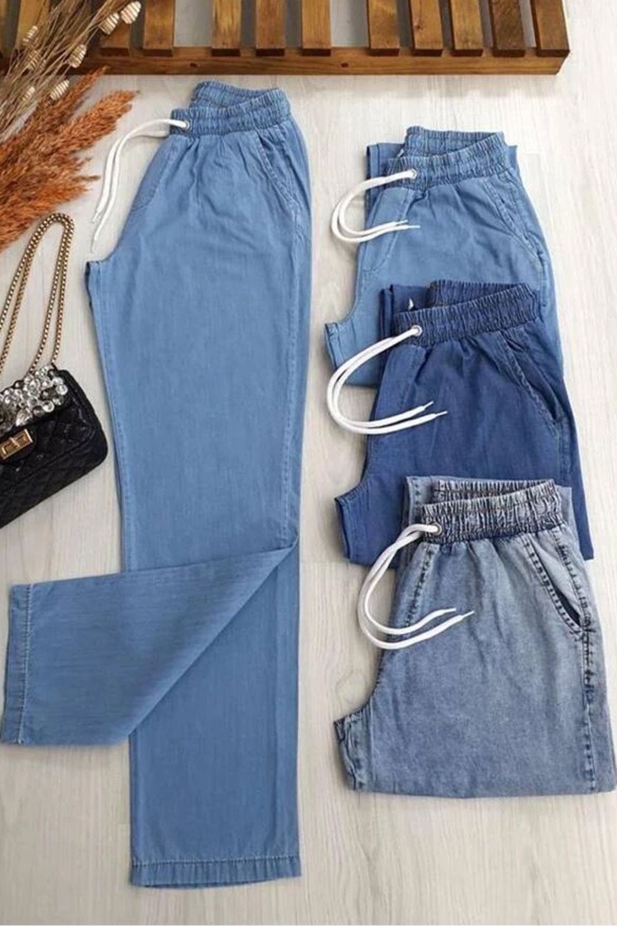 Bestenur Beli Lastikli Kot Pantolon 1526 - Mavi