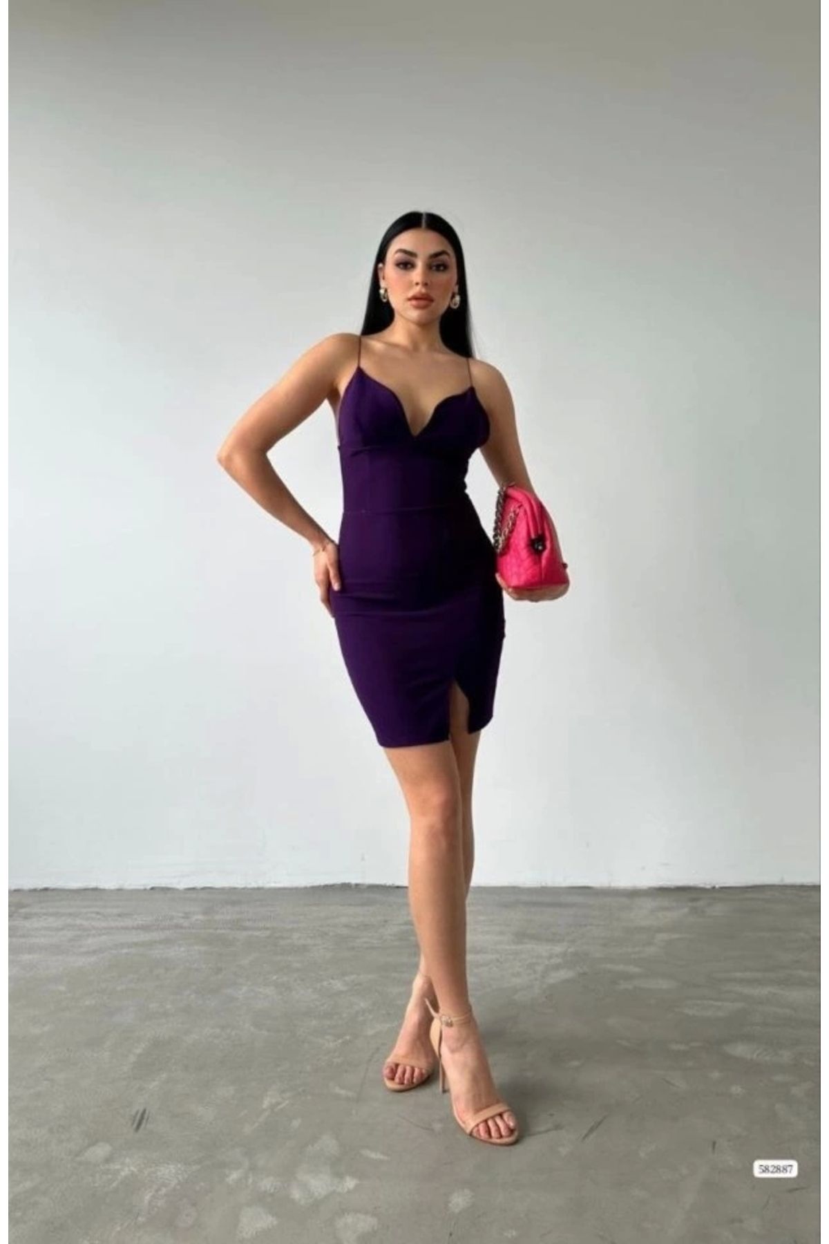 Butik Kadın Dalgıç Krep Kumaş Askılı Mini Elbise