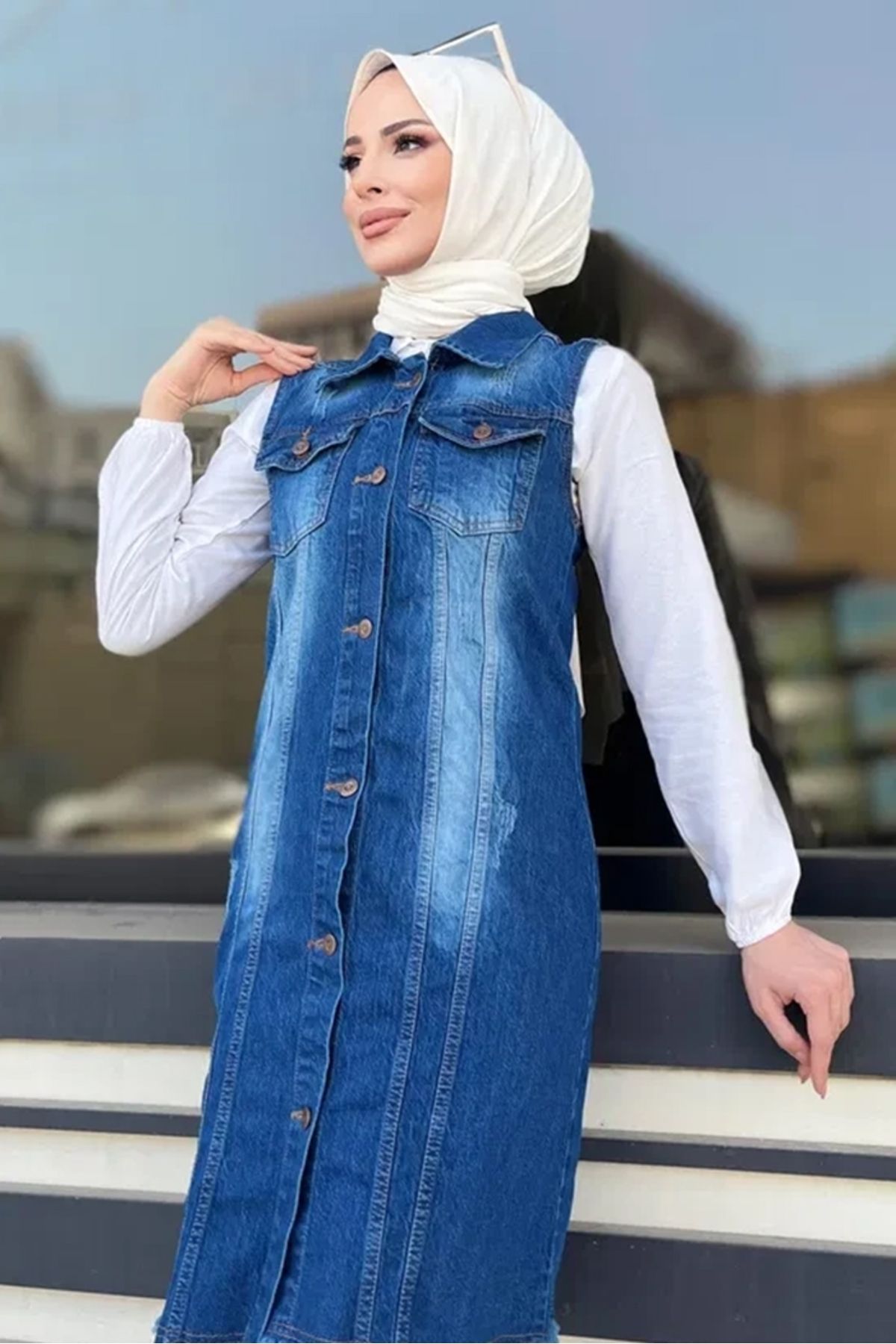 Bestenur Nesa Püsküllü Kot Yelek 1527 - Mavi