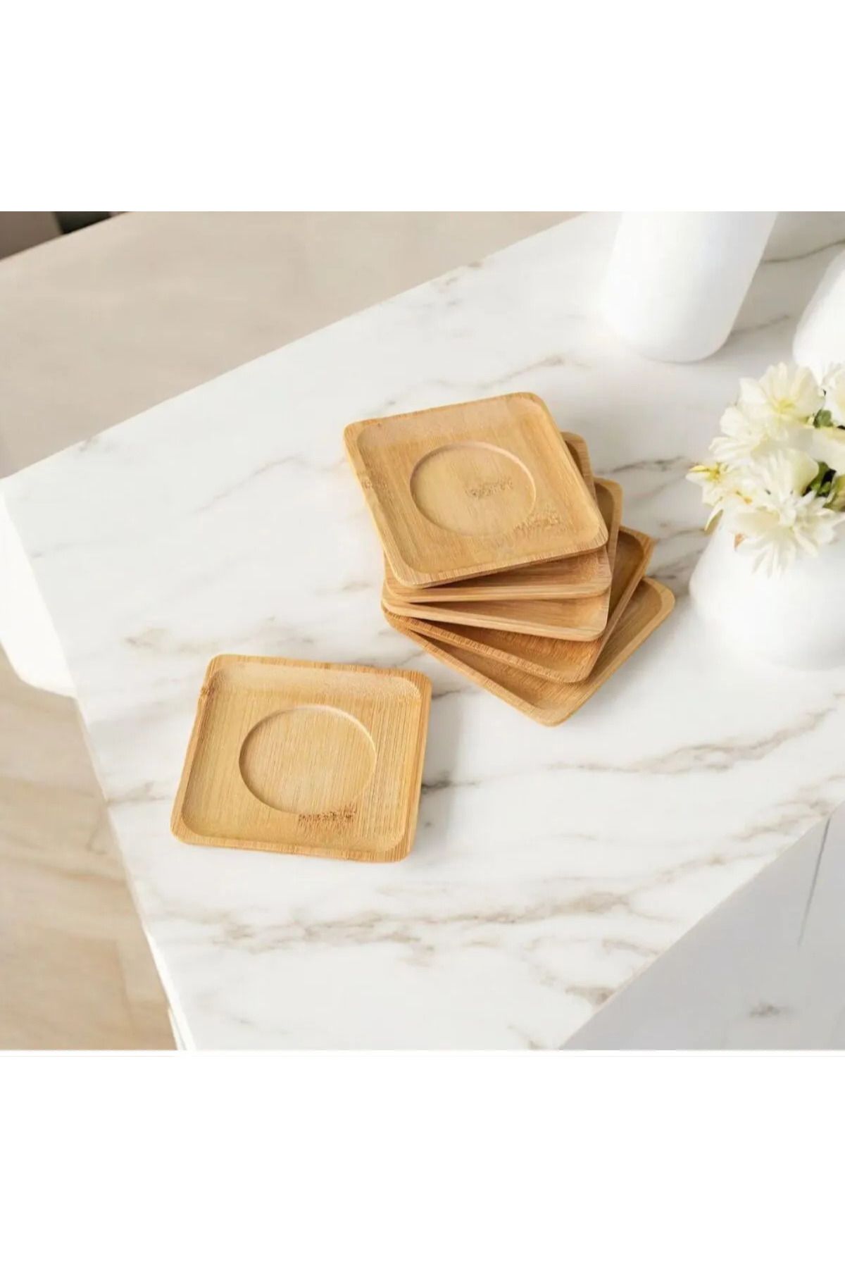 mucit home 6'lı Bambu Çay Tabağı Seti,Kare Bambu Çay Bardağı Altlığı