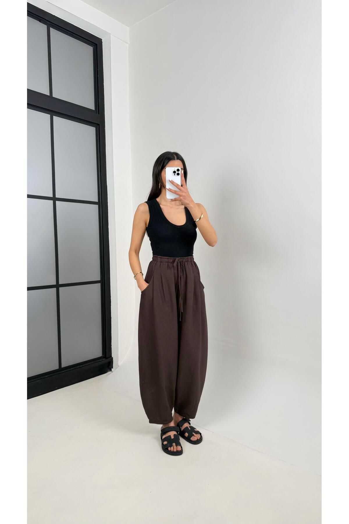 Gaus Kahve Beli Lastikli Cepli Balon Keten Pantolon Gaus00391