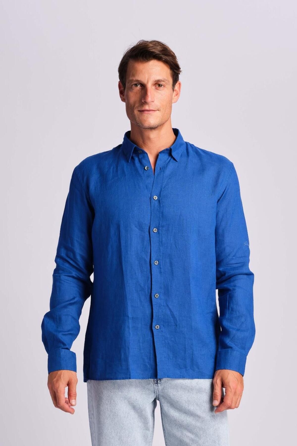Ruck & Maul Erkek Keten Gömlek 24865-952 Surf Blue