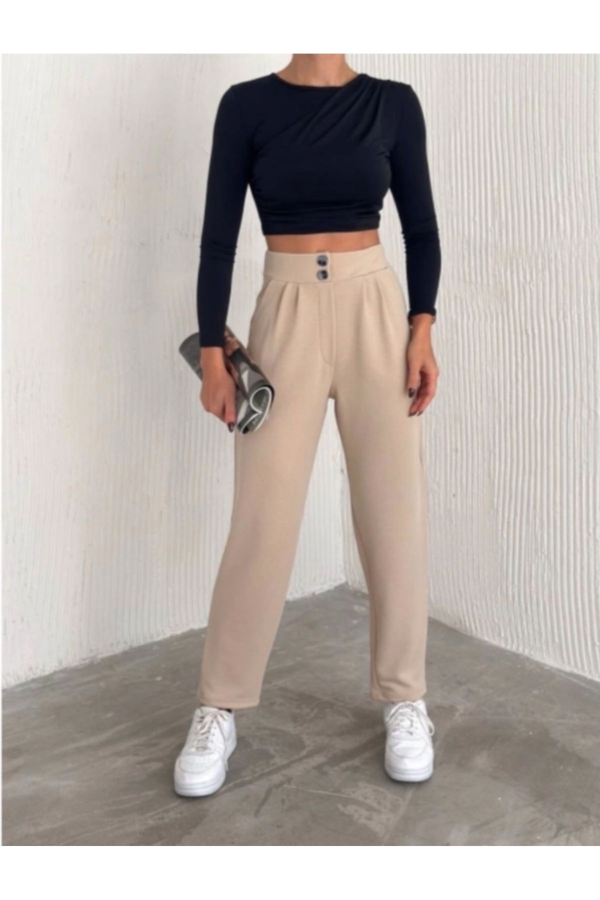 MODA örme krep pantolon çift düğmeli