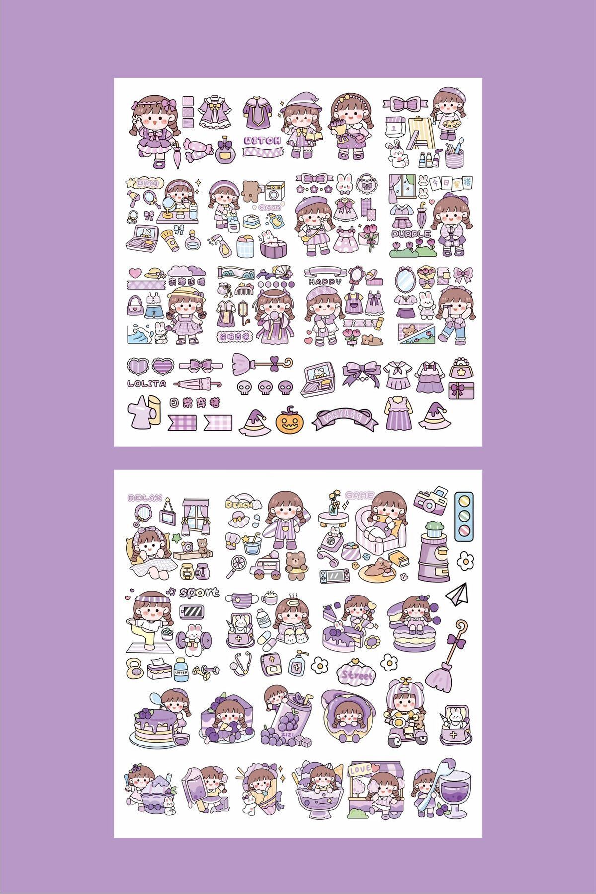 Piksel Grafik Kawaii Mor 150 Adet Çıkartma Sticker Seti - Kalem, Laptop Defter Suluk Sticker