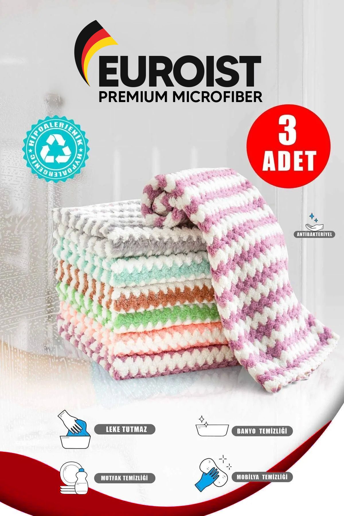 euroist Mikrofiber Yumuşak Doku, Süper Emici Mutfak Bezi, Bulaşık Tezgah Bezi, Zikzak Desen (3 Adet)