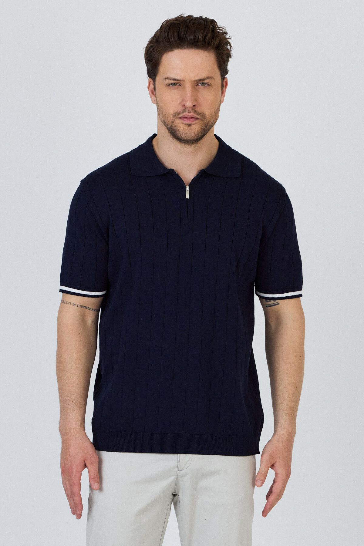Frappoli Toledo Erkek Lacivert-Beyaz Pamuk Karışımlı Kendinden Çizgili Slim Fit Polo Yaka Triko T-Shirt