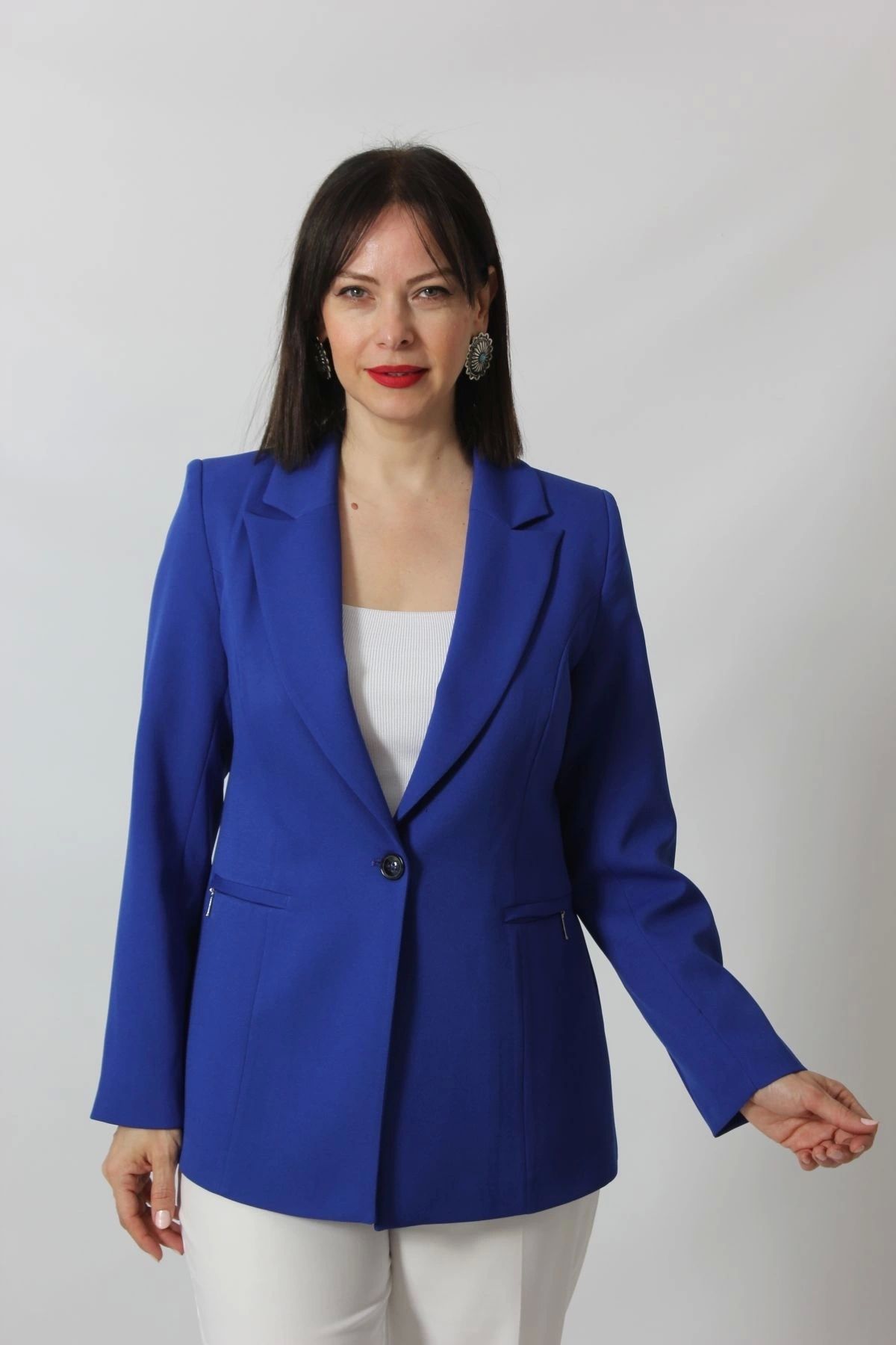 Moda Berray 1904 Sax Fermuarlı Cep Aksesuarlı Kadın Büyük Beden Blazer Ceket