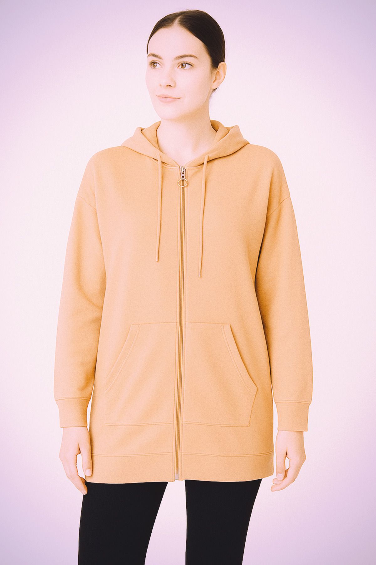DHDmoda Kapüşonlu Fermuarlı Cepli İki İplik Krem Sweatshirt