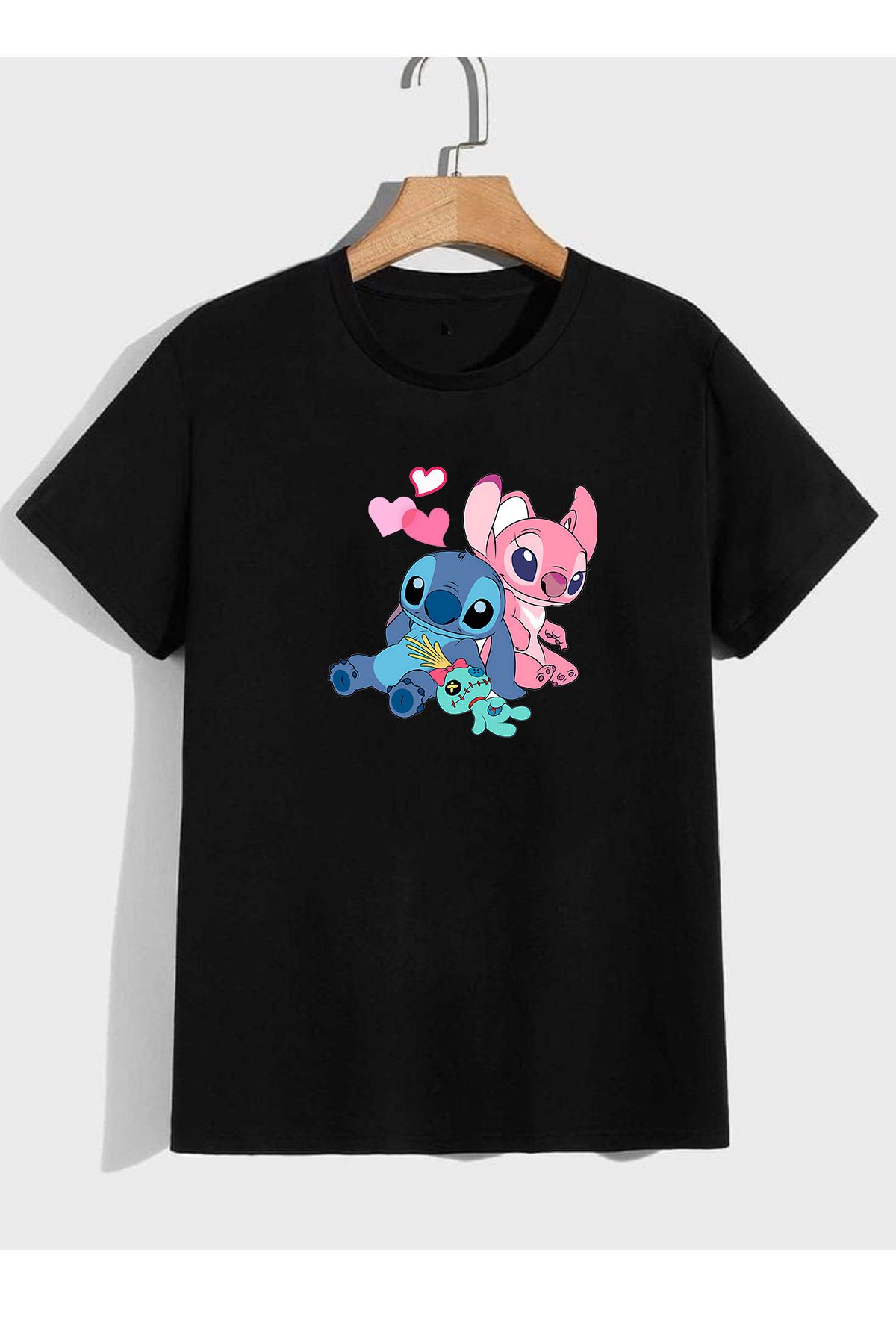 makiteks Baskılı Lilo Stitch Kadın bisiklet Yaka Baskılı T-shirt Beyaz Siyah Gri tişört
