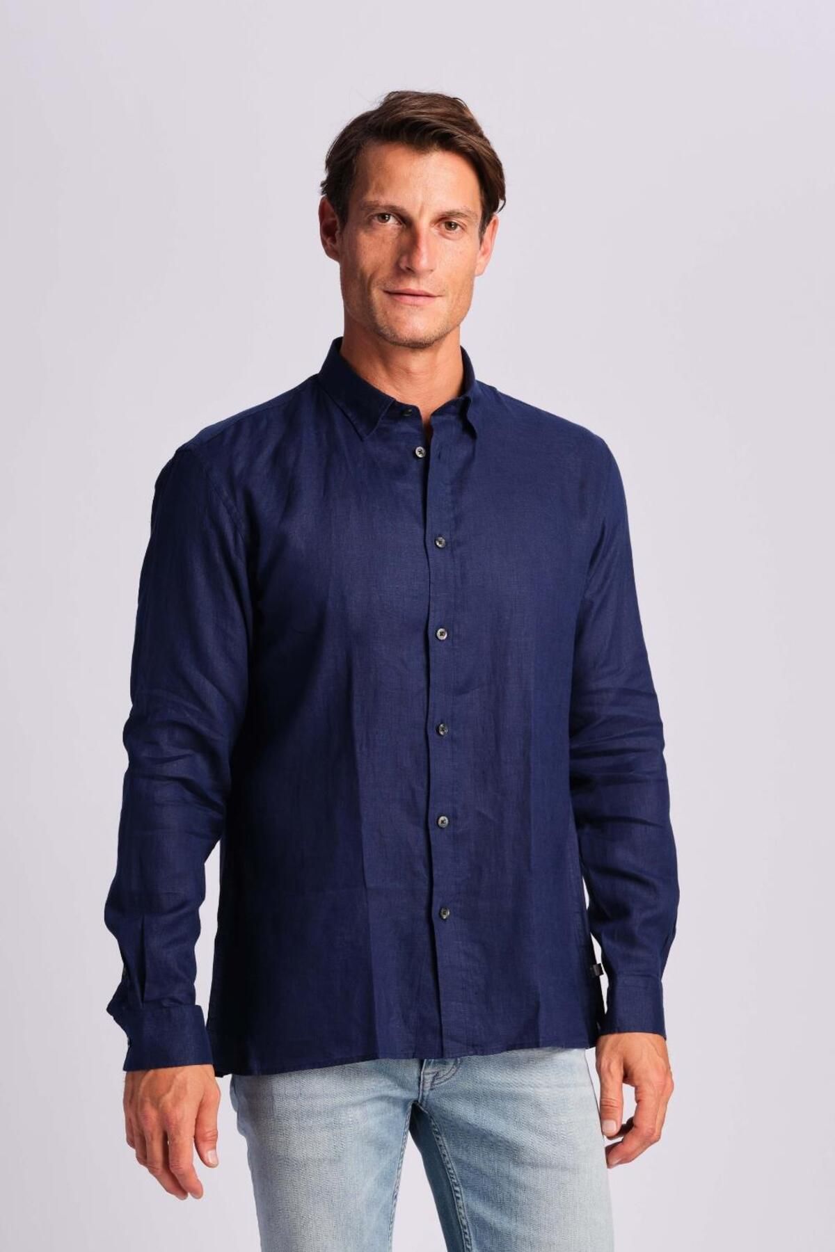 Ruck & Maul Erkek Keten Gömlek 24865-166 Navy Blue