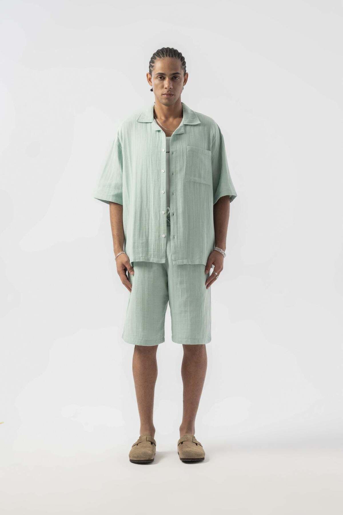 jaceyjace Basic Oversize Keten Gömlek - Mint Yeşil