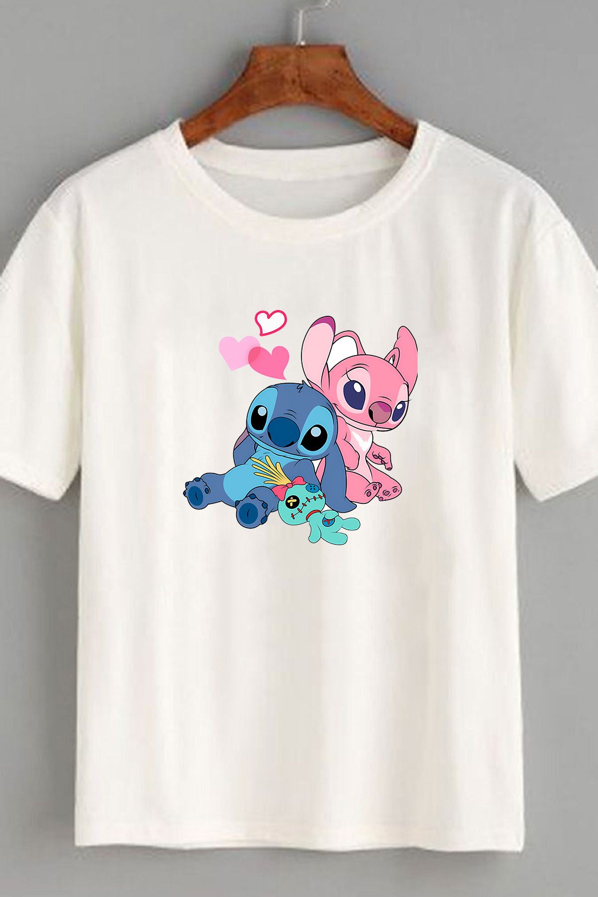 makiteks Baskılı Lilo Stitch Kadın bisiklet Yaka Baskılı T-shirt Beyaz Siyah Gri tişört