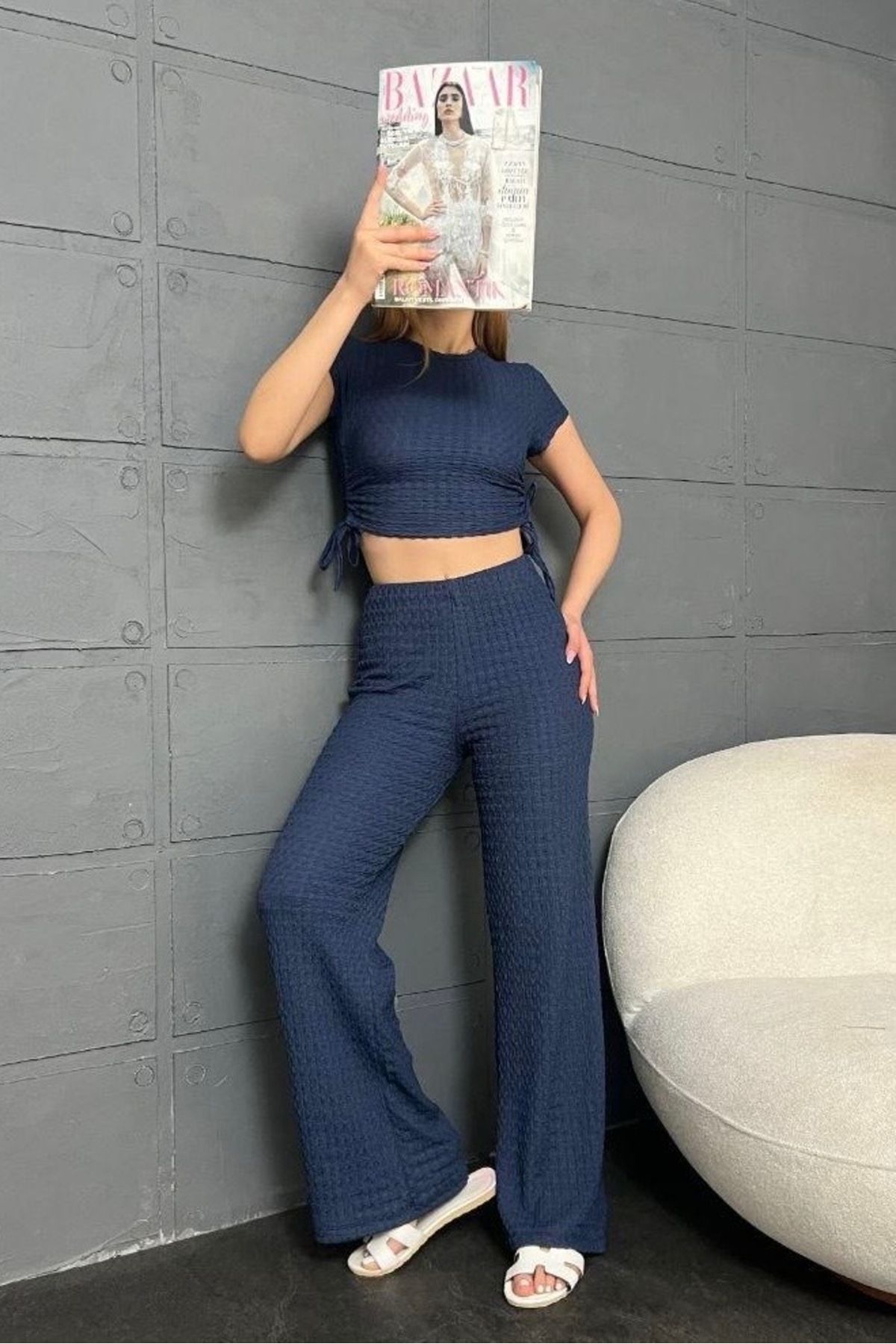 bb butik basic Ütü İstemeyen Büzgülü Bubble İkili Takım BB0010