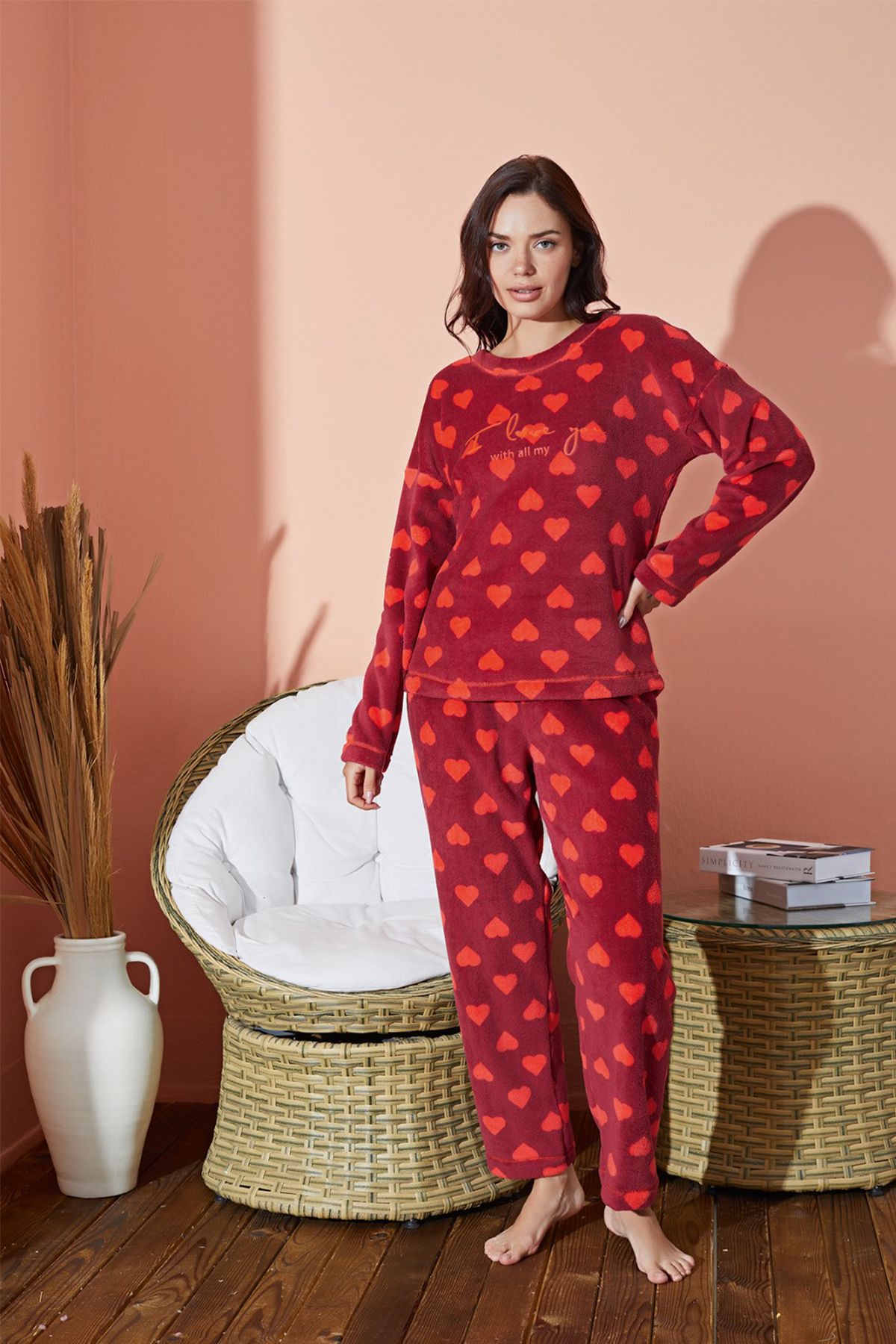 TAMPAP Kadın Kışlık Polar Pijama Takımı Desenli Peluş Takım Waynap 8890