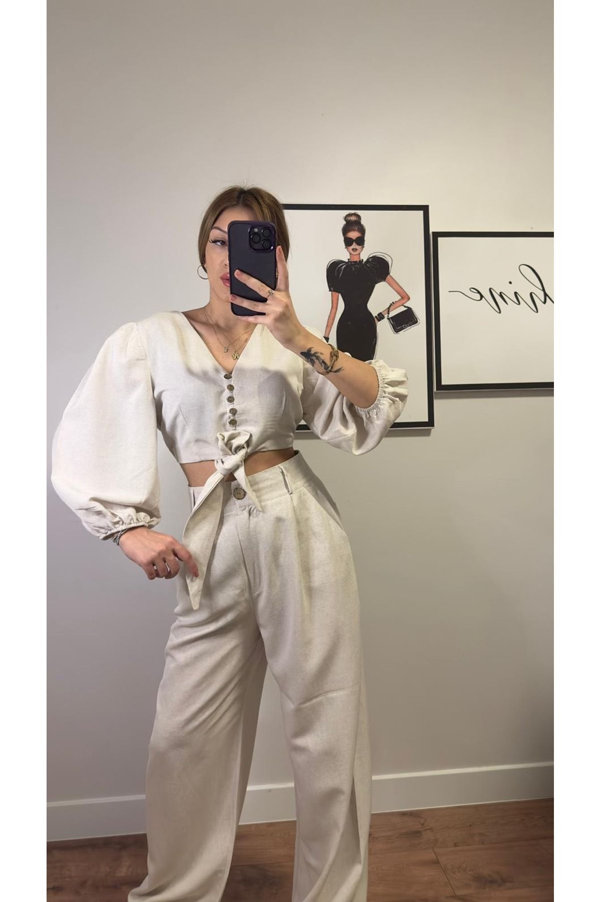 Nihanello Butik Naturel renk keten alt üst takım