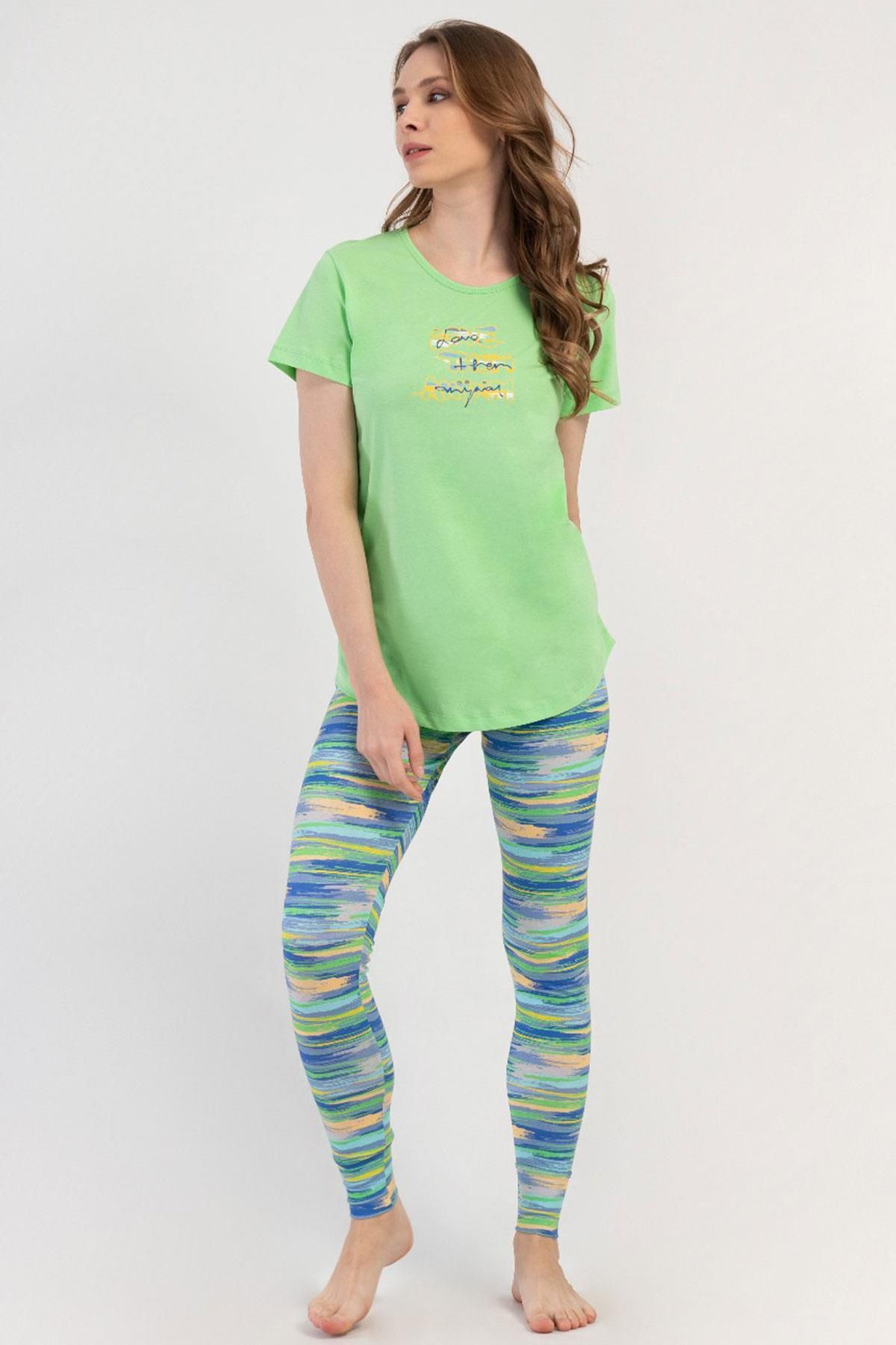 VİENETTA Kadın Kısa Kol Taytlı Yeşil Pijama Takımı C4T6N3O804