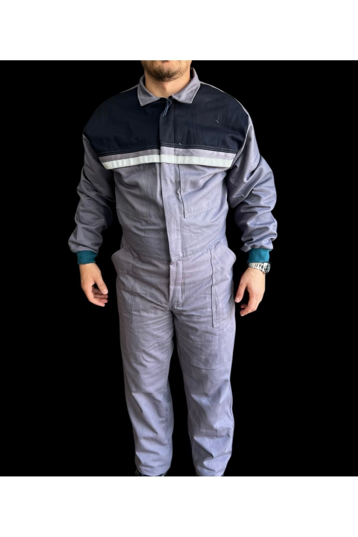 Lion Yazlık İş Tulumu 16/12 Gabardin Gri Lacivert Boy Tulumu Reflektörlü 6Cepli