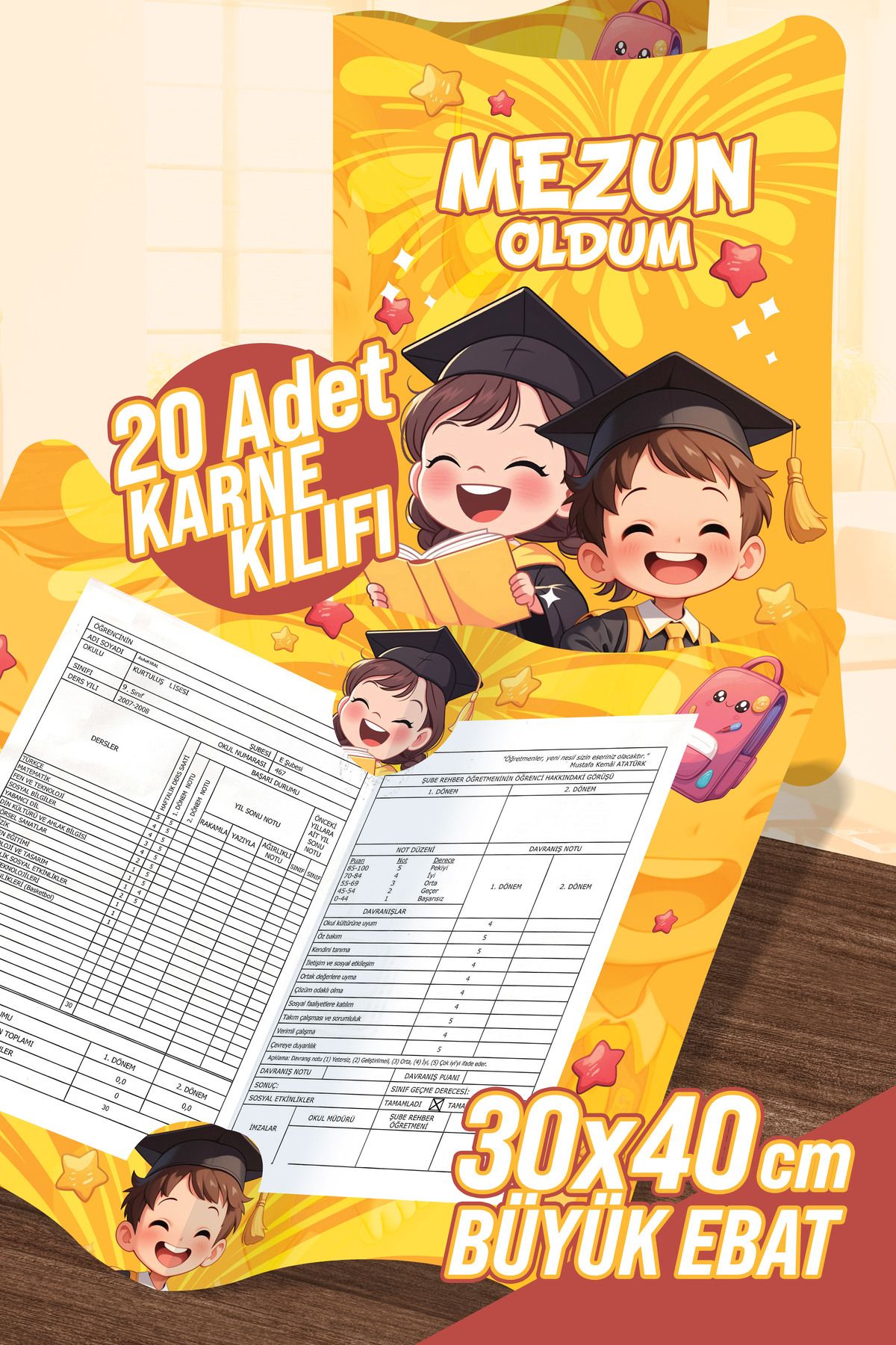 colortouch Mezun Çocuklar 3 A4 Karne Kabı Kılıfı 20 Adet Büyük Ebat 30x40 Cm Ilkokul Karne Kılıfı Karne Süsleme