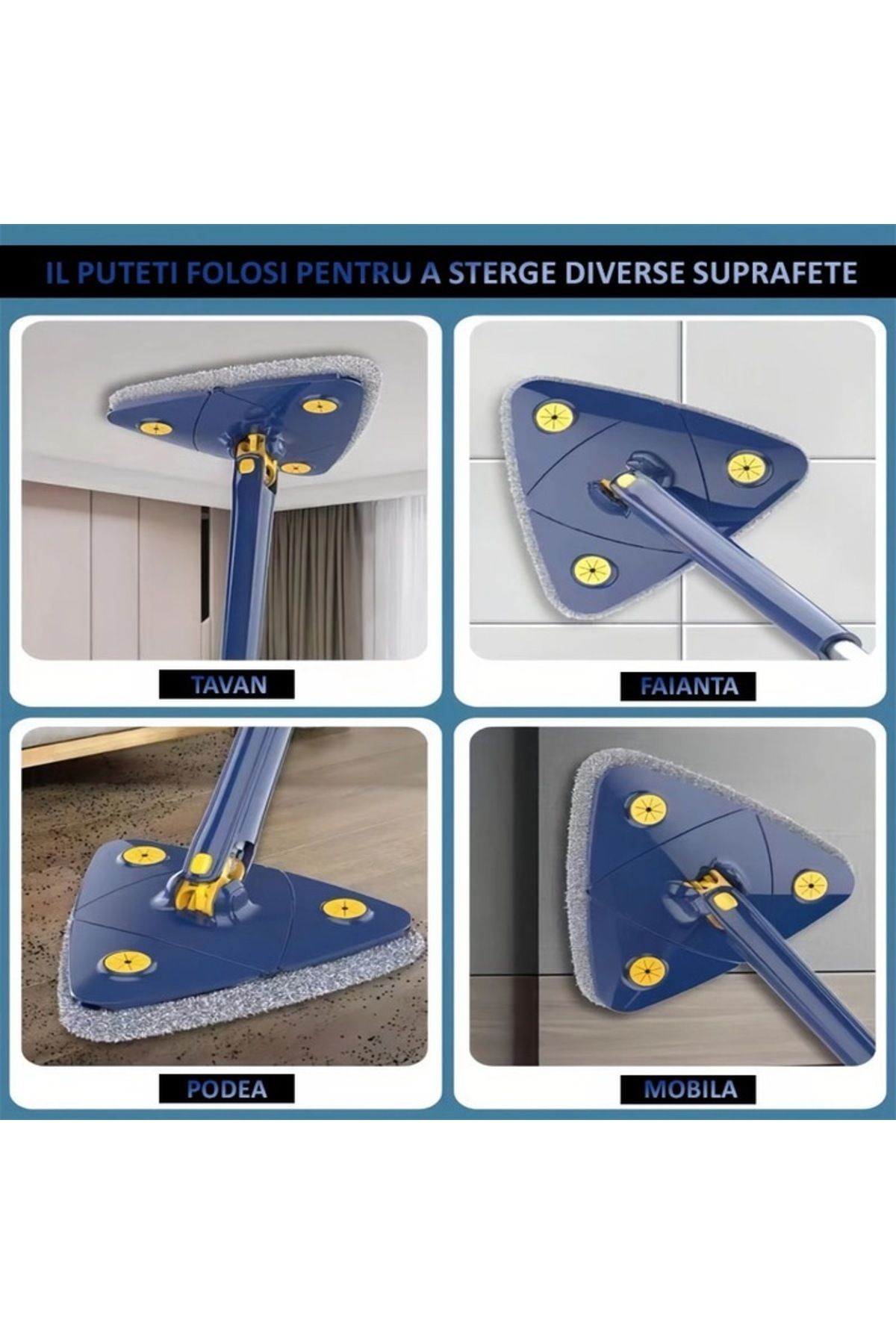 NEXTLY-Multifunctional Mop For Dry And Wet Surfaces, 360 Rotating Triangular Head, Handle 5