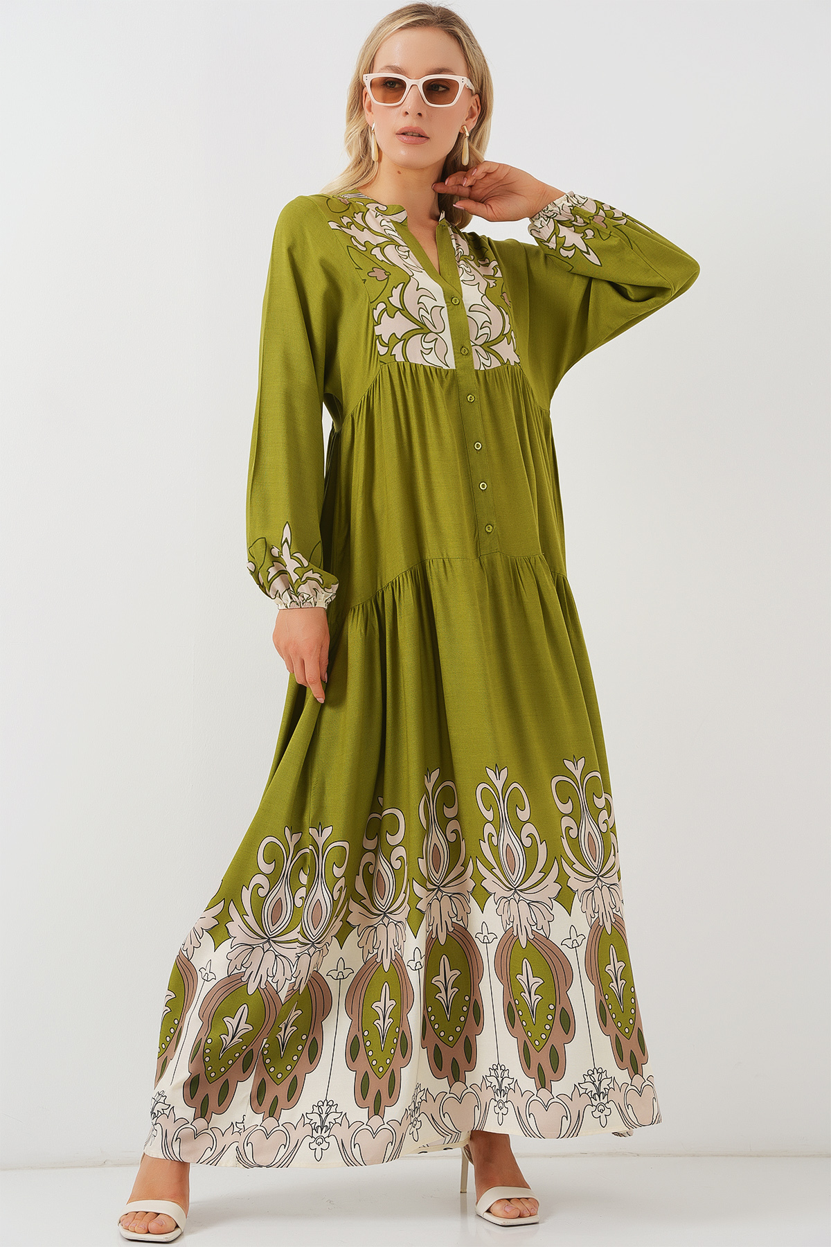 2423 Authentic Patterned Modest Dress - Çağla Green