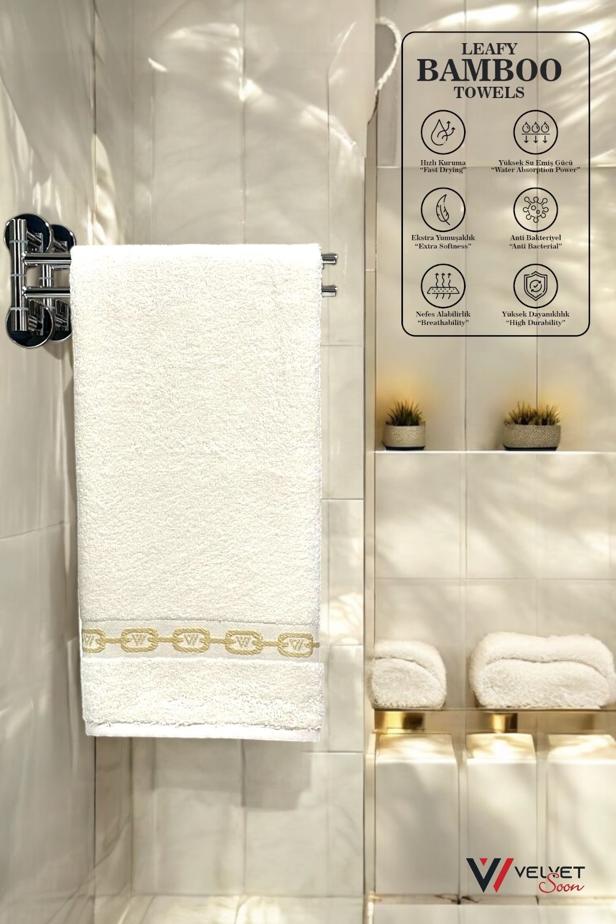 Velvet Soon Bambu Ekru Zincir Bordür 50x90 El Ve Yüz Havlusu