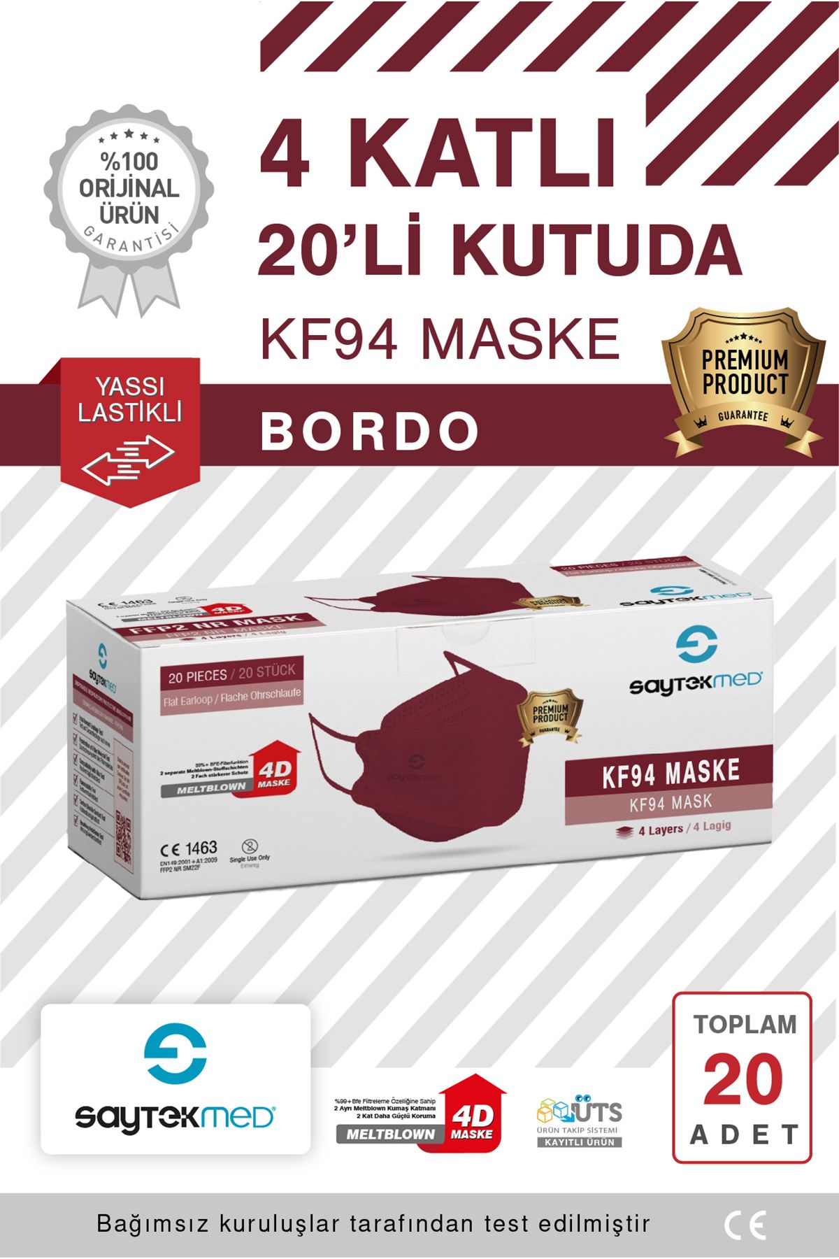 SAYTEKMED KF94 Kore Tipi, 4 katlı, BORDO Maske, Tekli Paket, UV Steril (1 Kutu/ 20 Adet)