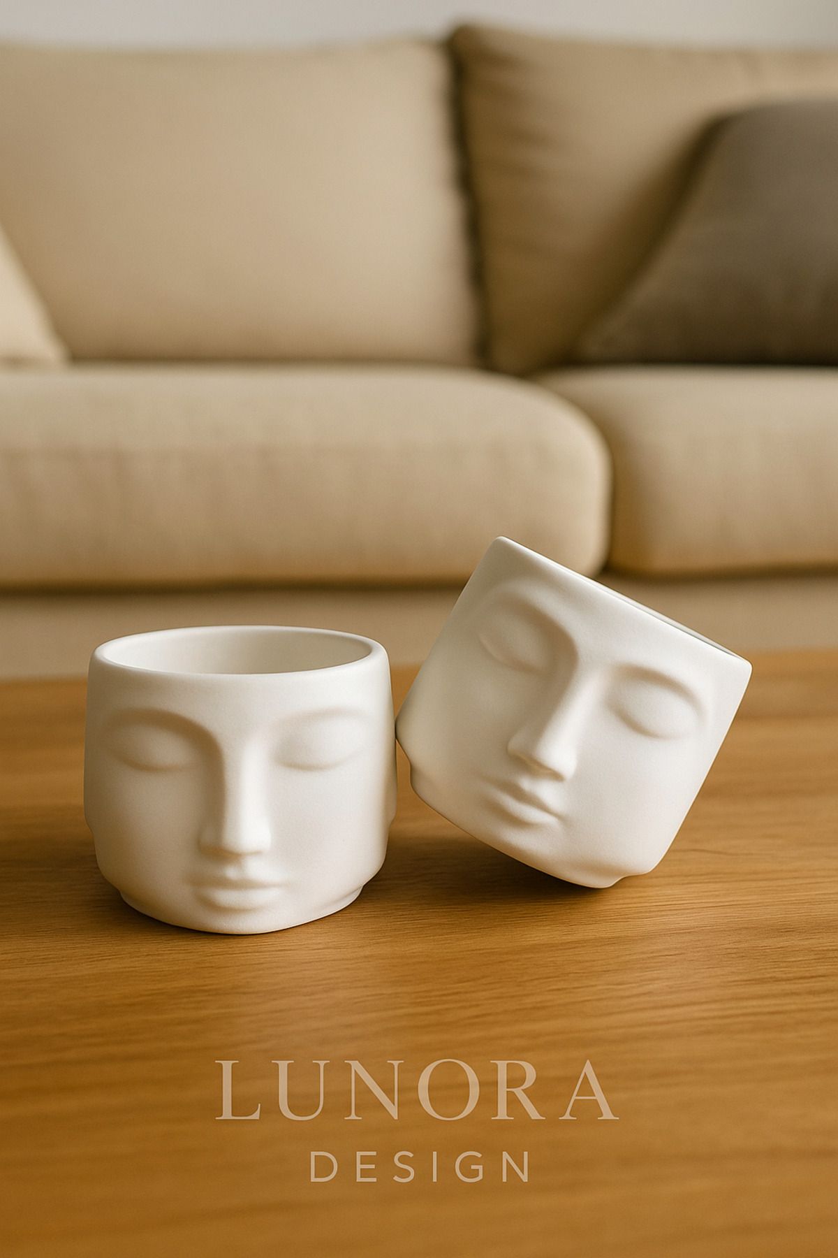 Lunora Design Beyaz Renk Yüz Figürlü Dekoratif Saksı – 2’li Set