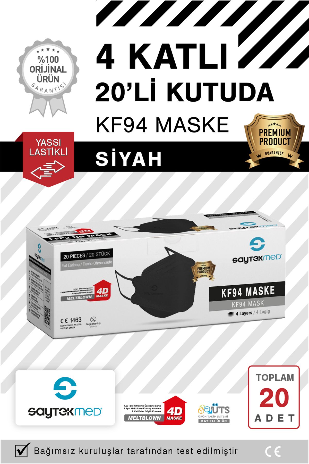 SAYTEKMED KF94 Kore Tipi, 4 katlı, SİYAH Maske, Tekli Paket, UV Steril (1 Kutu/ 20 Adet)