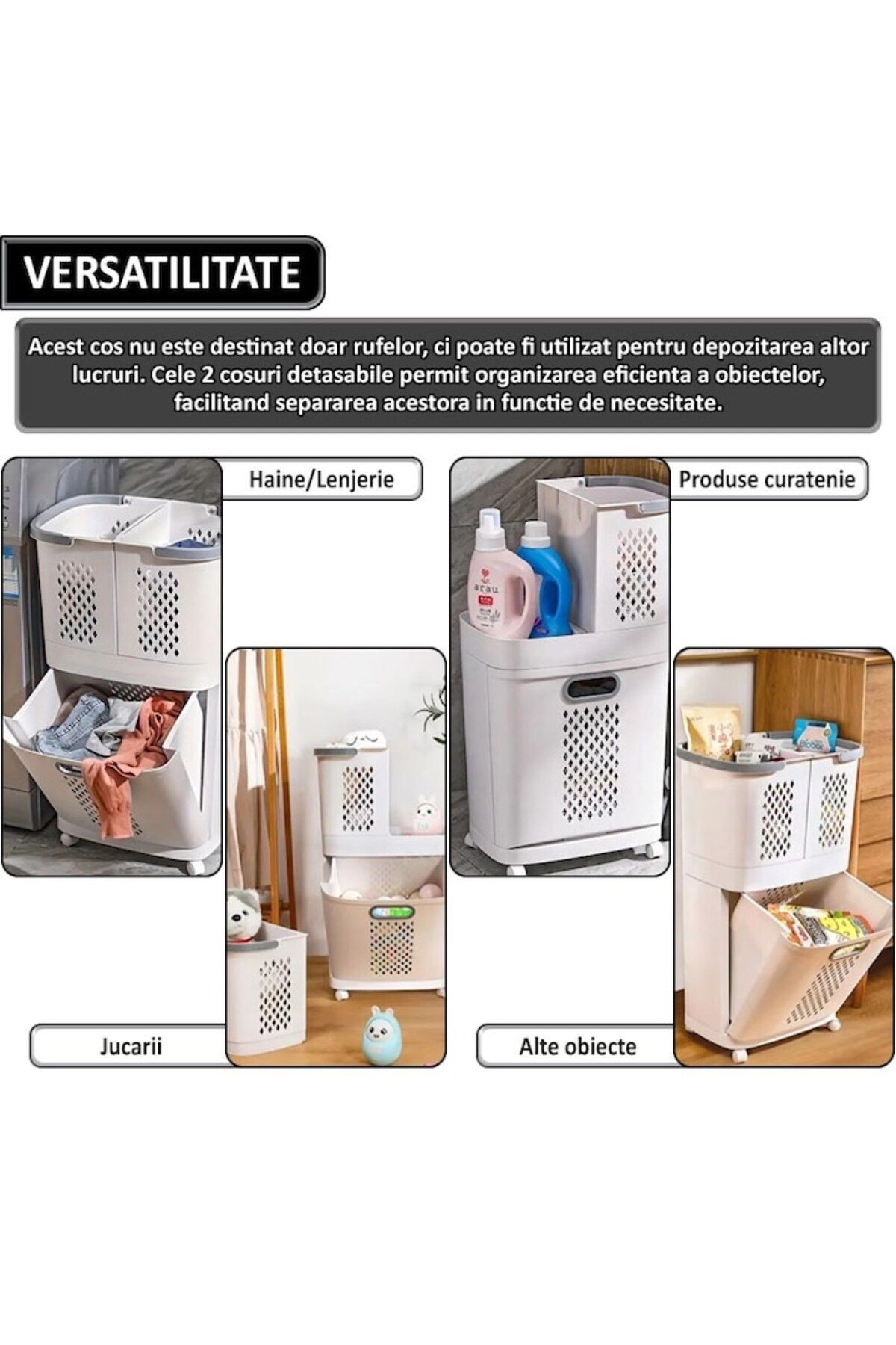 NEXTLY-Cos De Rufe, Jucarii Copii Si Alte Obiecte , 3 Compartimente, 4 Roti Detasabile, 2 Cosuri 3