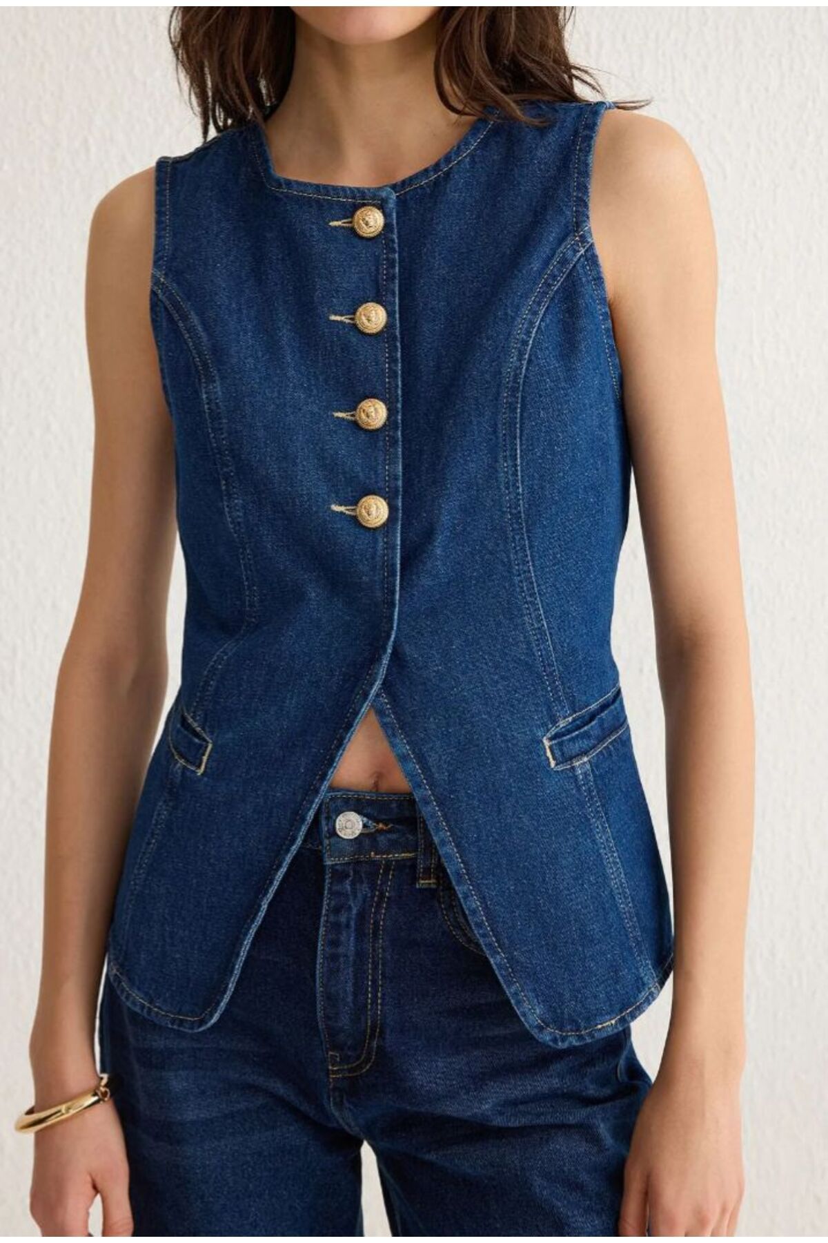 KARACAN COMPANY Gold Düğmeli Dikiş Detaylı Denim Yelek