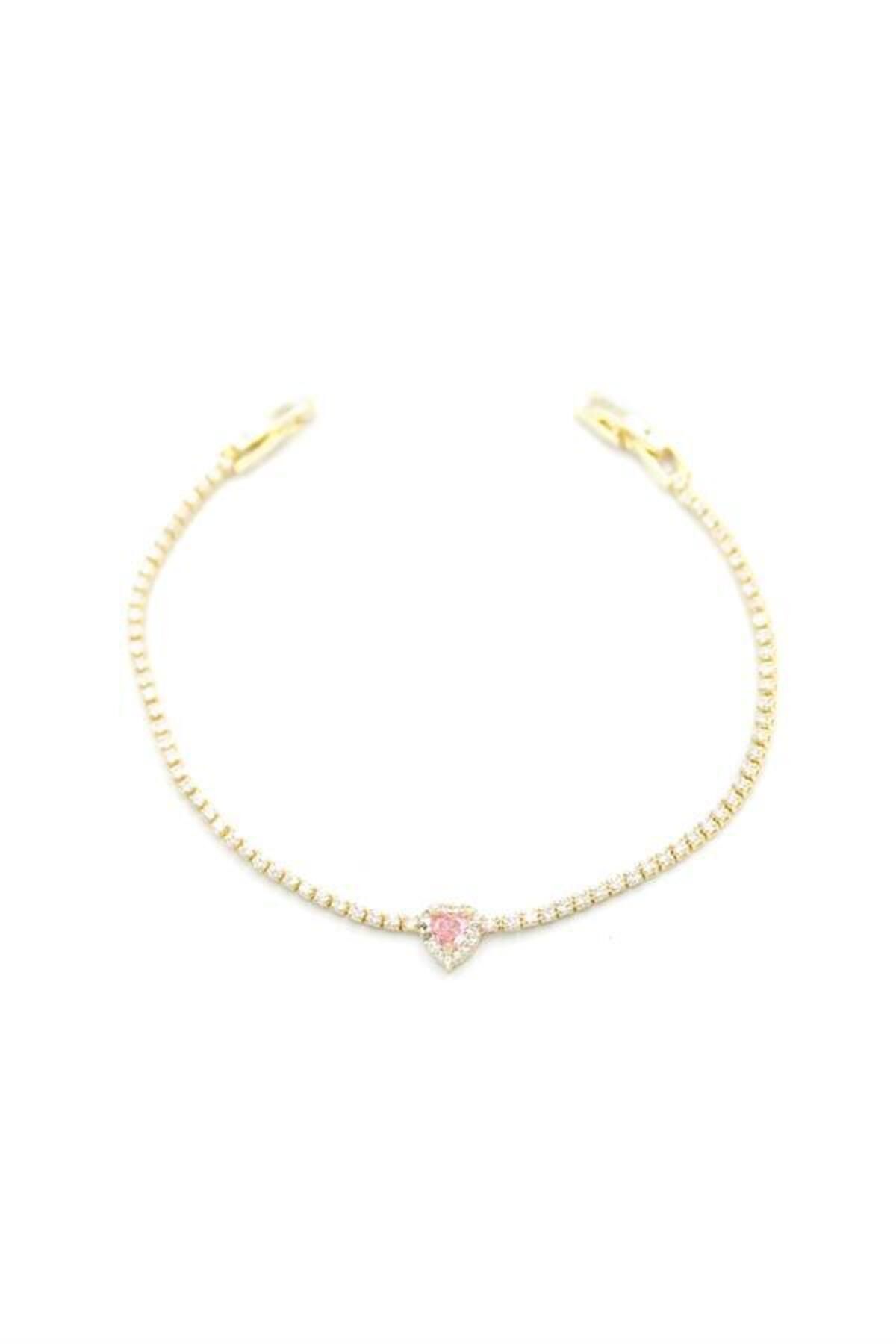 Pink Stil Taşlı Kalp Bileklik - Altın Pink Stil