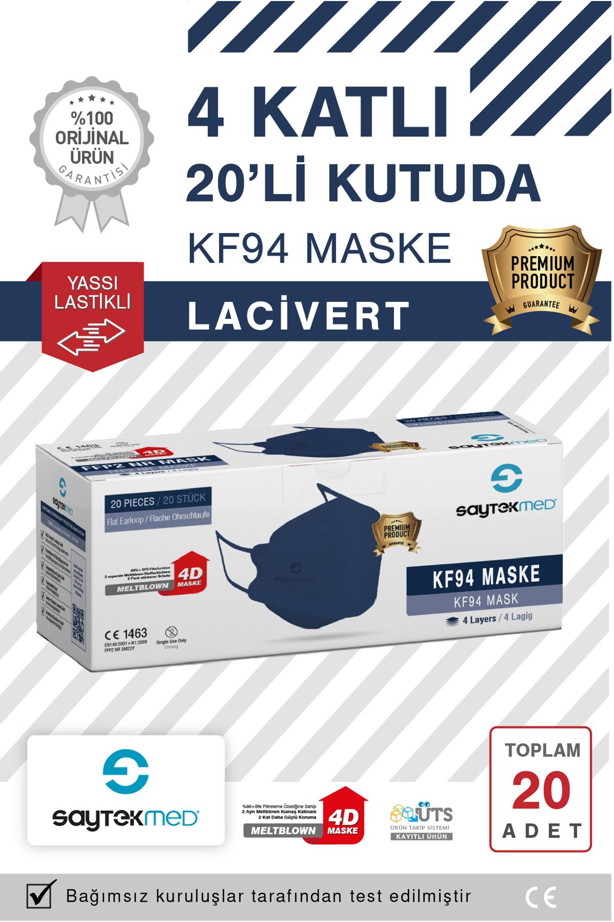 SAYTEKMED KF94 Kore Tipi, 4 katlı, LACİVERT Maske, Tekli Paket, UV Steril (1 Kutu/ 20 Adet)