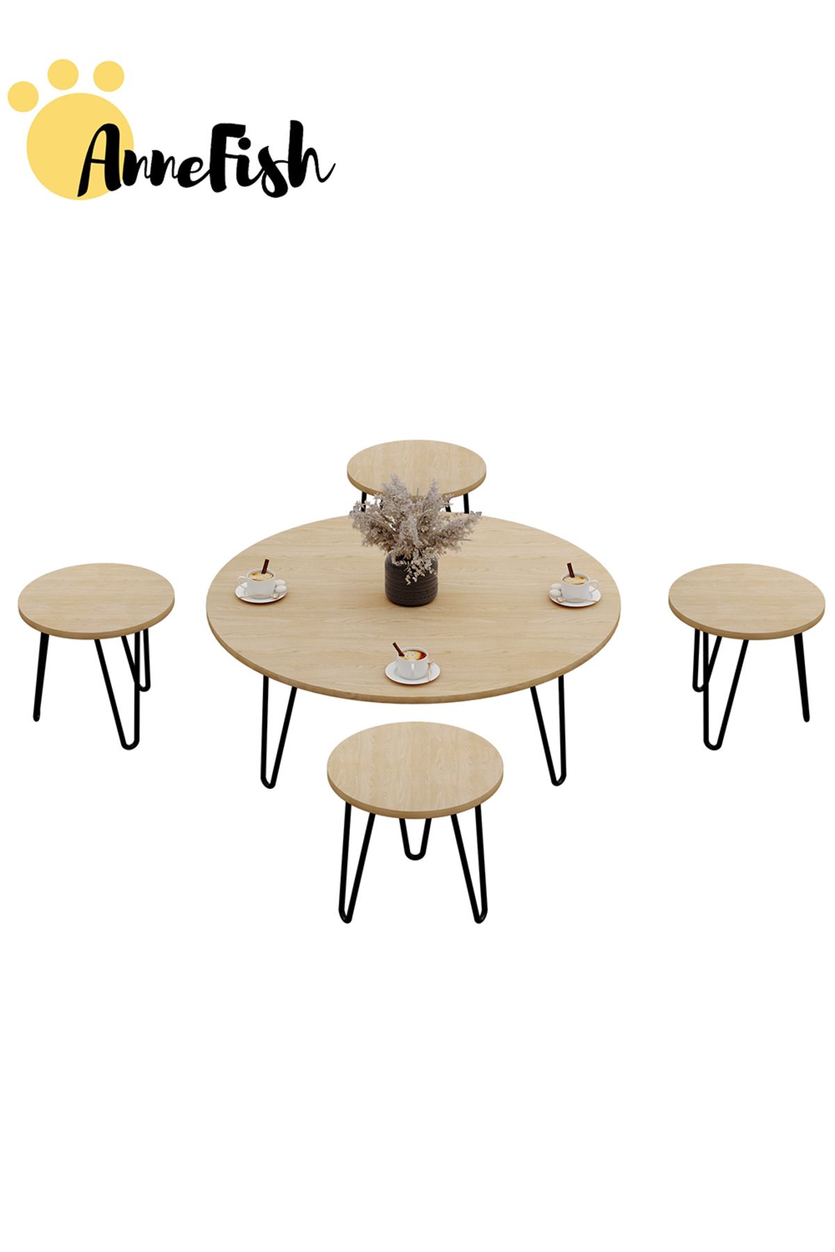 AnneFish-5pcs Floor Coffee Table Set Low Round Home Nesting Friends Gathering Table Set Of 5 Side Table 8