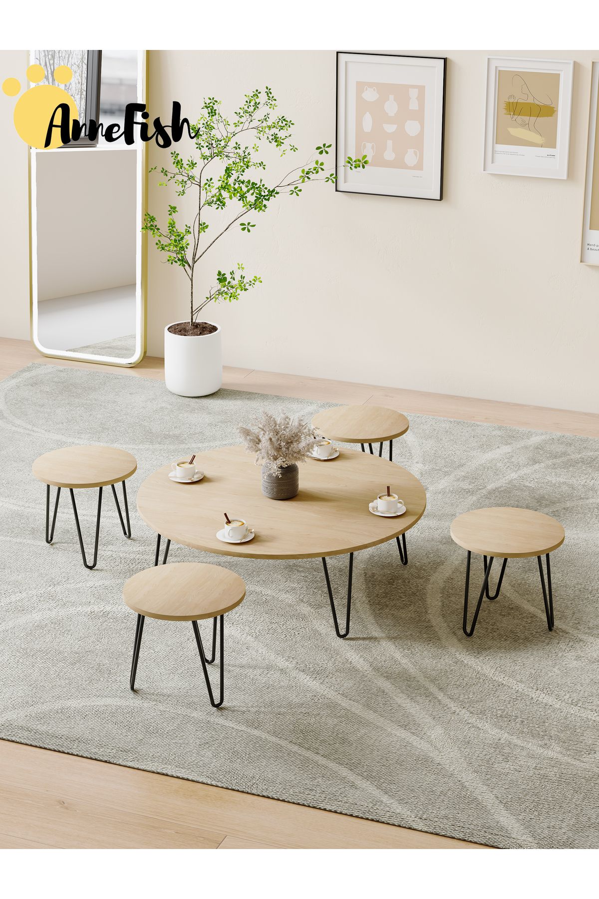 AnneFish-5pcs Floor Coffee Table Set Low Round Home Nesting Friends Gathering Table Set Of 5 Side Table 4