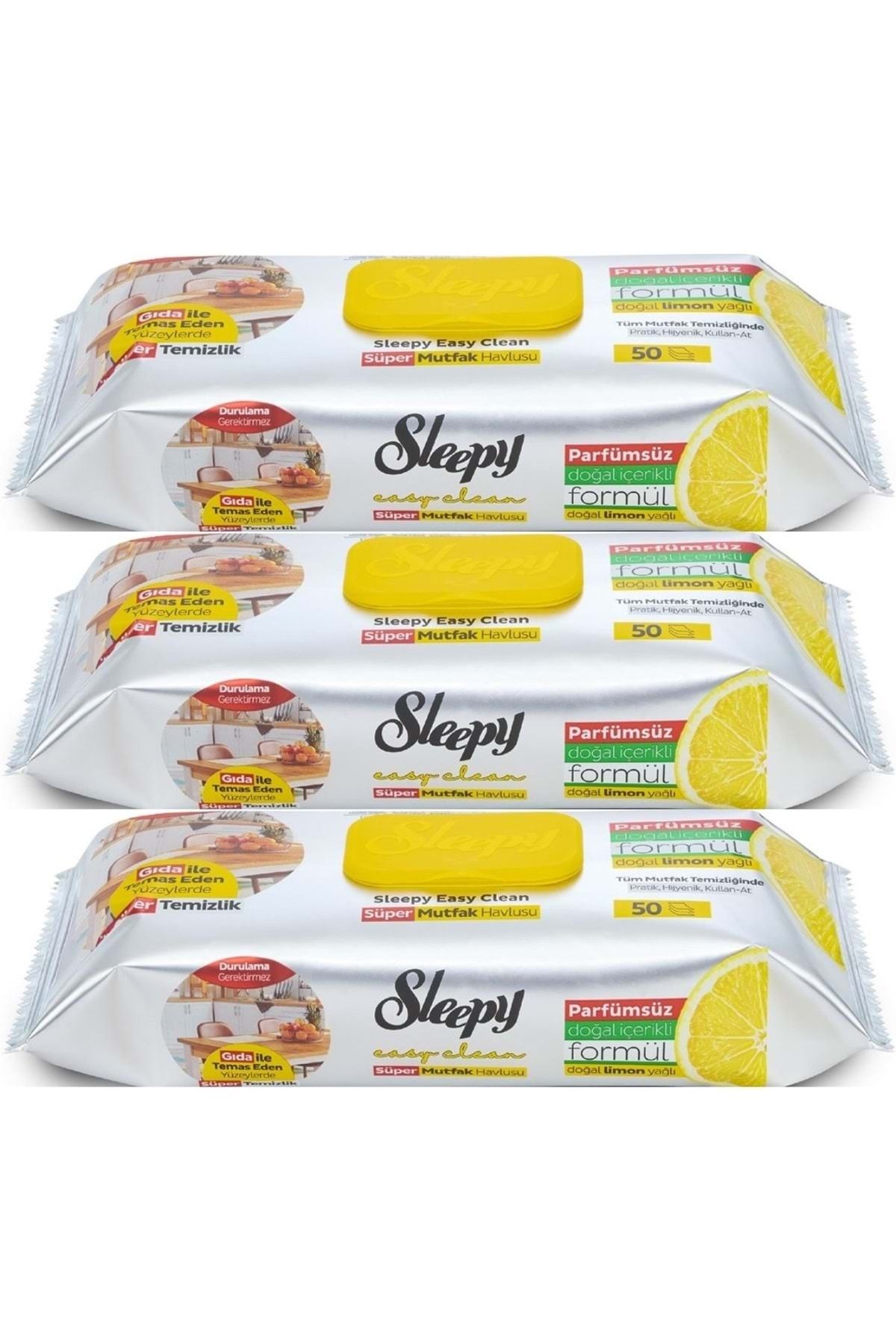 Sleepy Easy Clean Yüzey Temizlik Mutfak Havlusu -Mendili 50 Yaprak Limon Yağlı (3Lü Set) 150 Yaprak