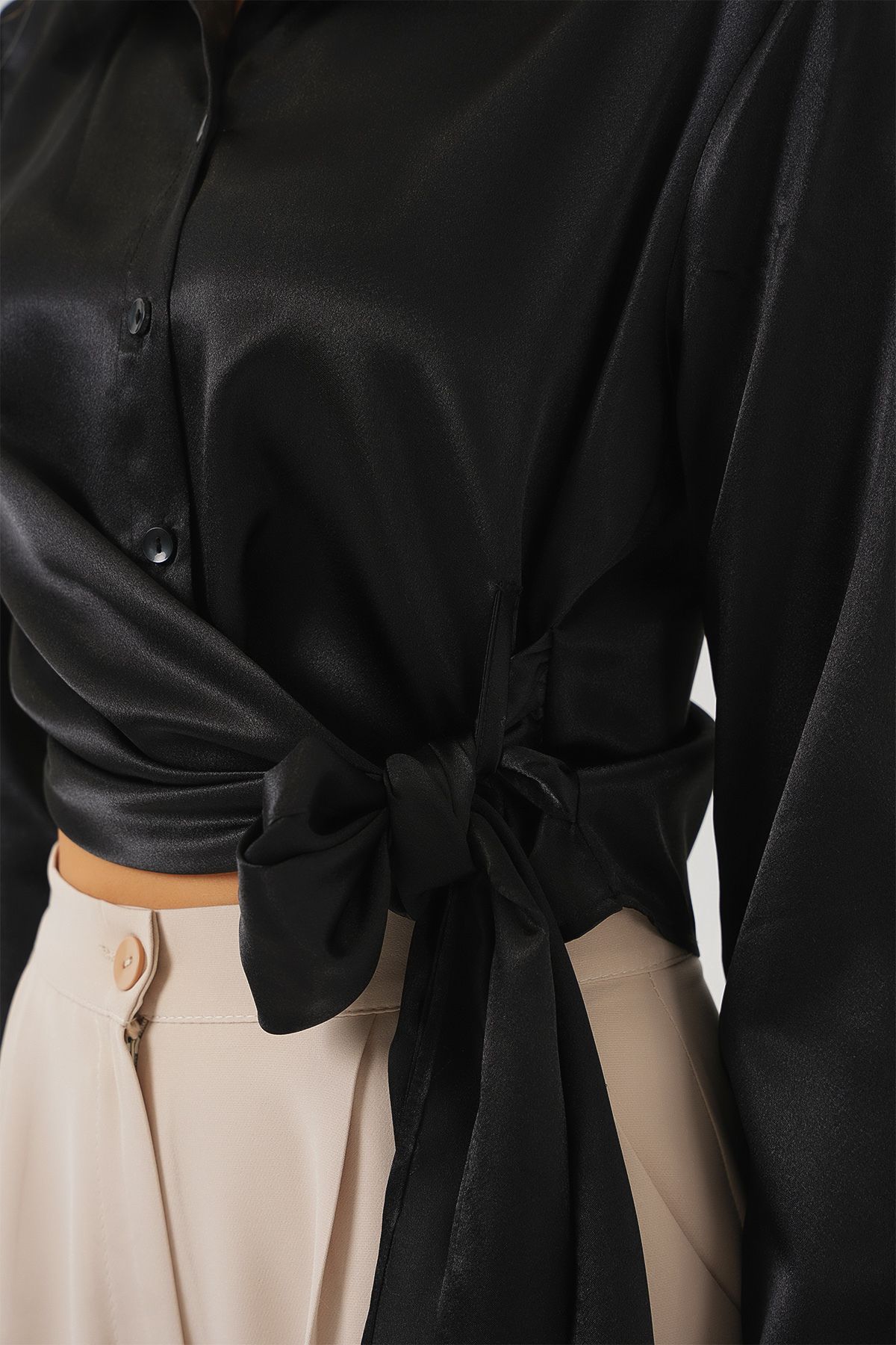 Bigdart-Women's Tie Long Sleeve Satin Shirt 20287 - Black 5